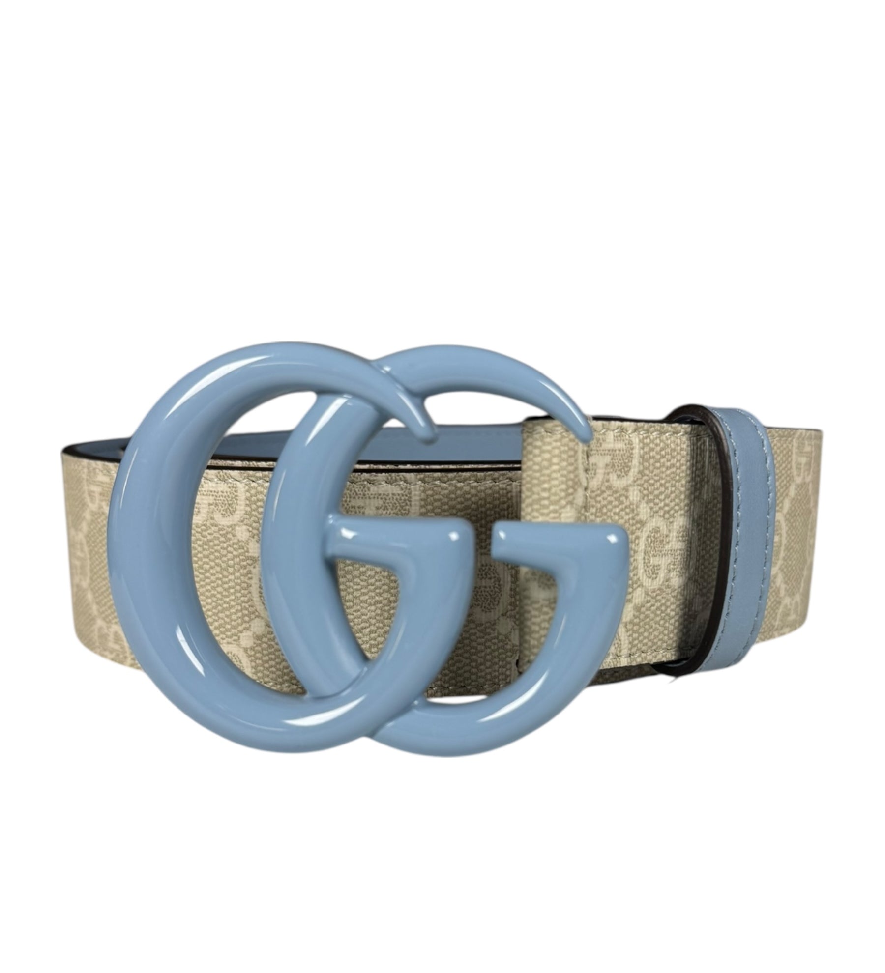 Gucci Belt GG Supreme White with Blue Buckle