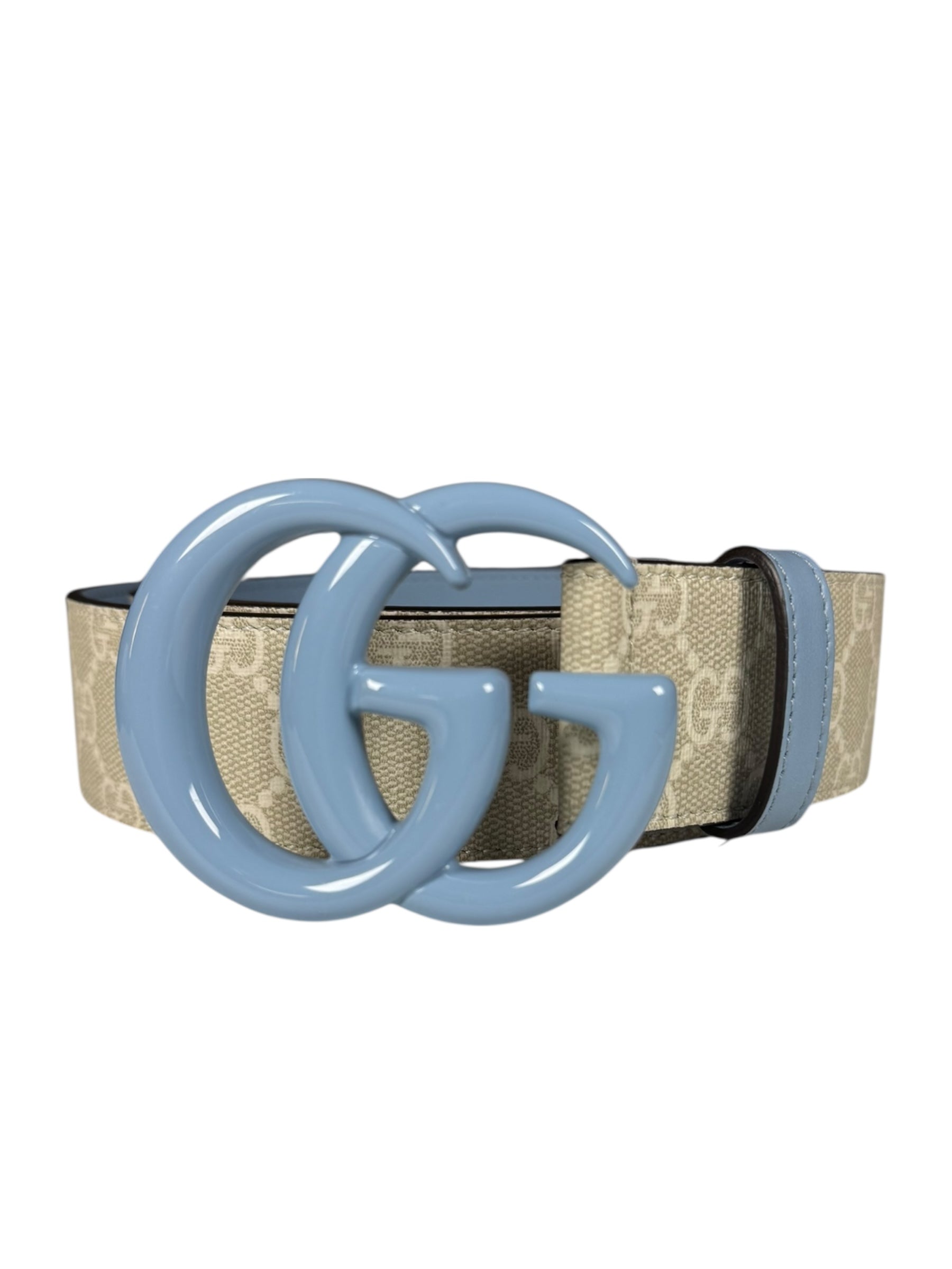 Gucci Belt GG Supreme White with Blue Buckle