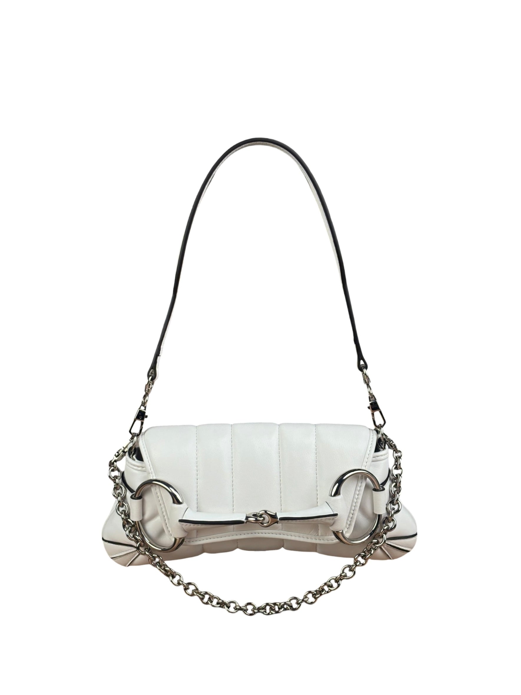 Gucci White Quilted Metelasse Leather Horsebit Chain Shoulder Bag