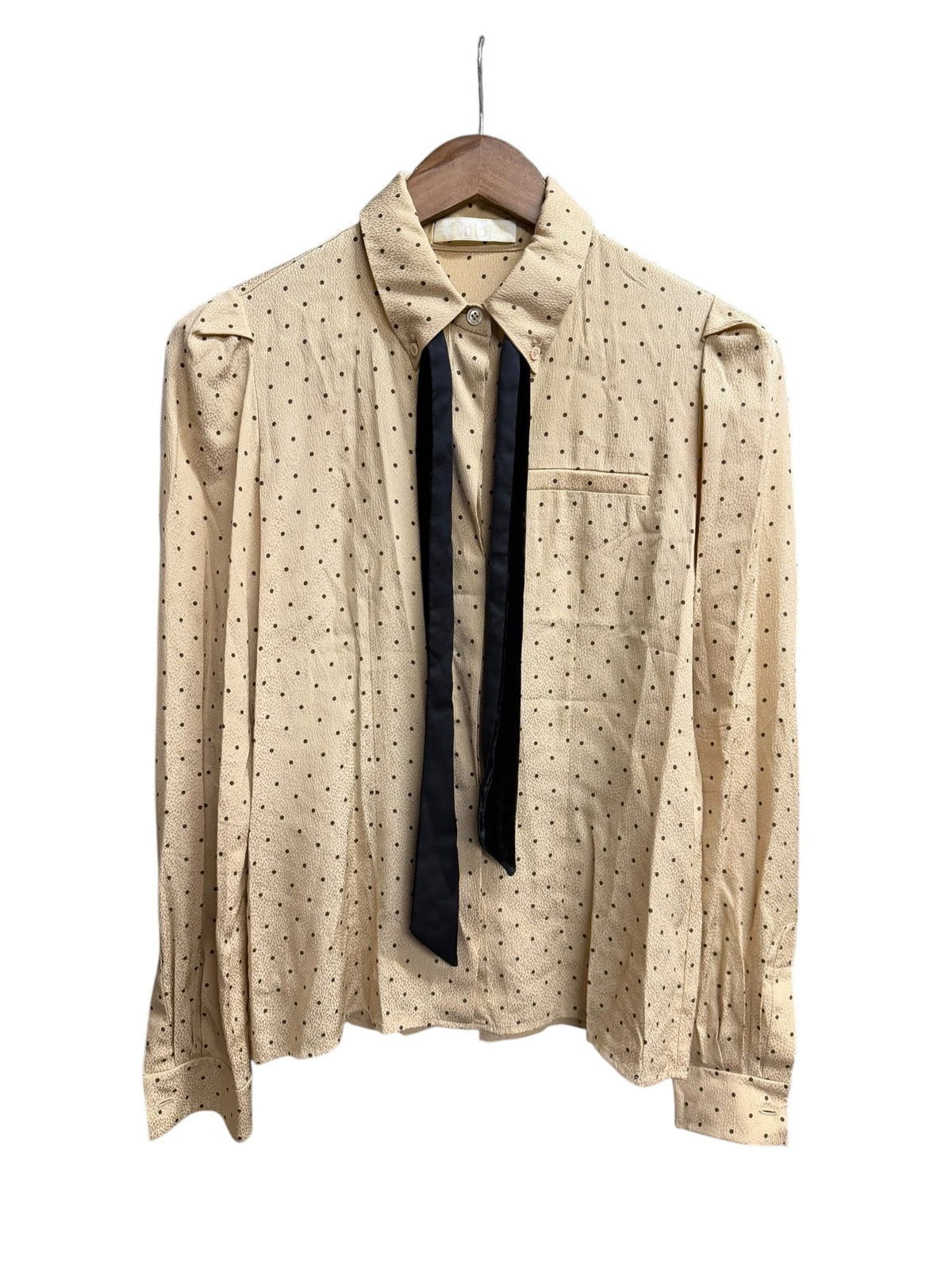 Chloe Beige Silk Polka Dot Velour Bow Blouse
