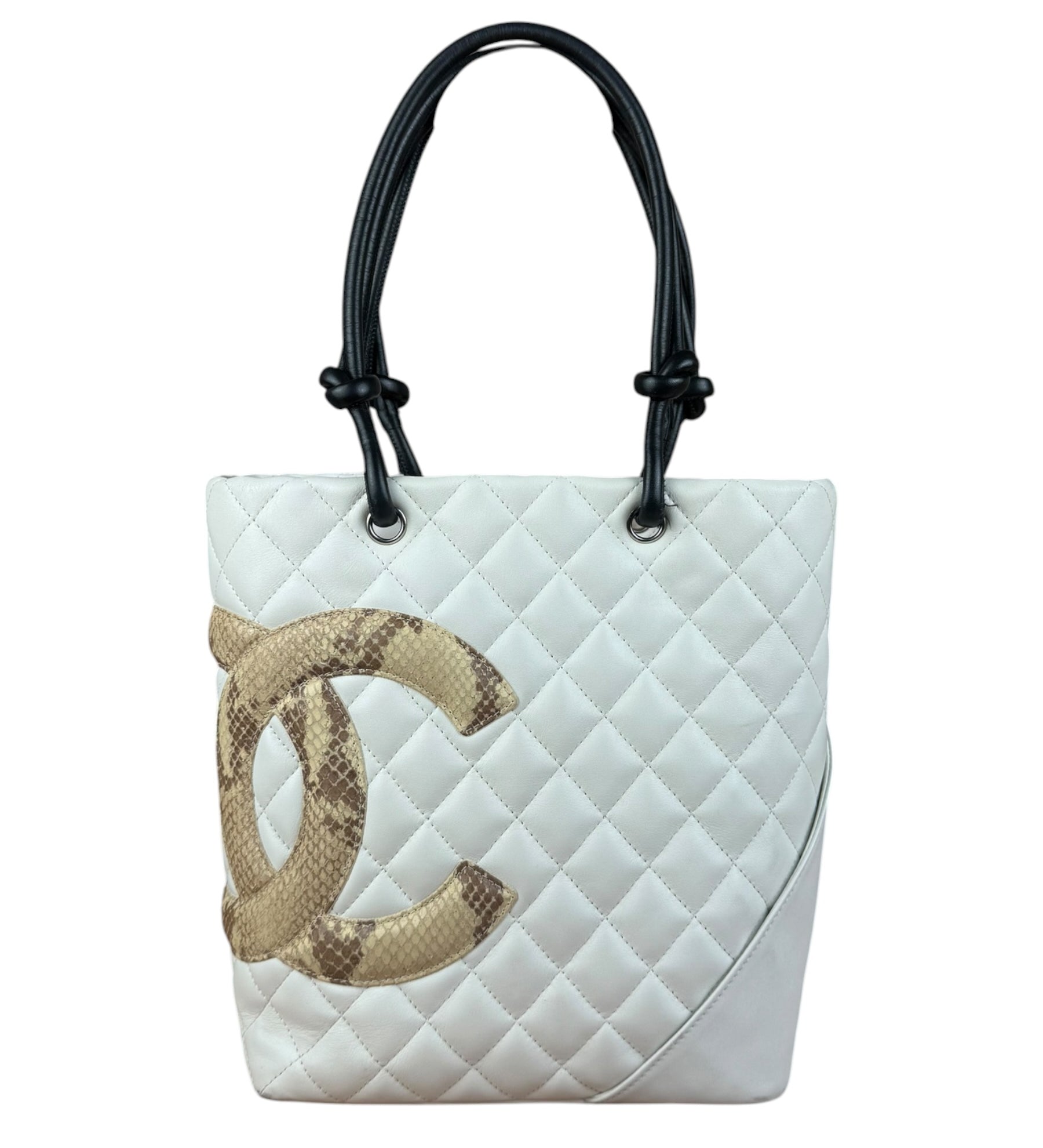 Chanel Vintage White Quilted CC Snake Cambon Ligne Tote 2004