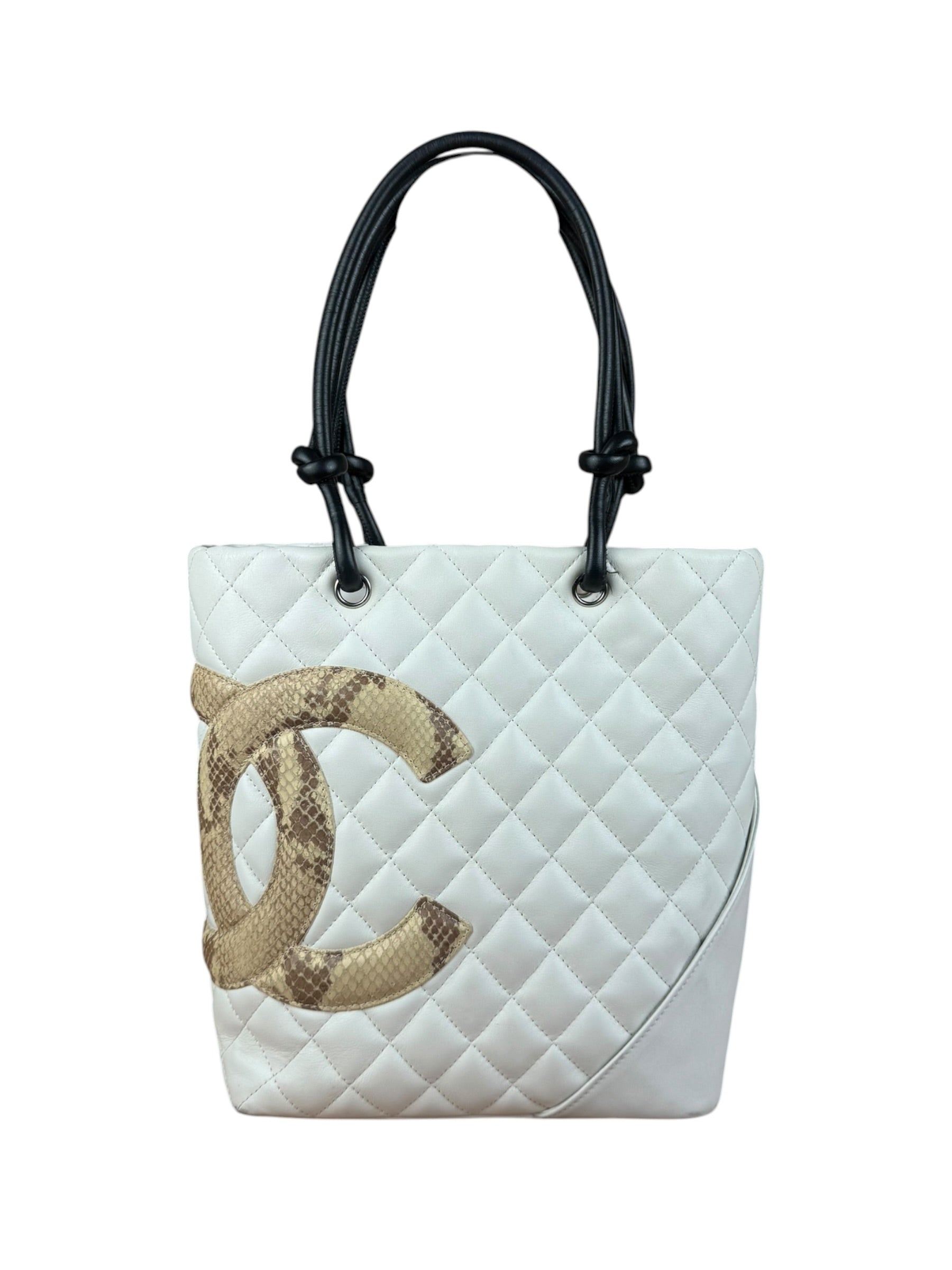 Chanel Vintage White Quilted CC Snake Cambon Ligne Tote 2004