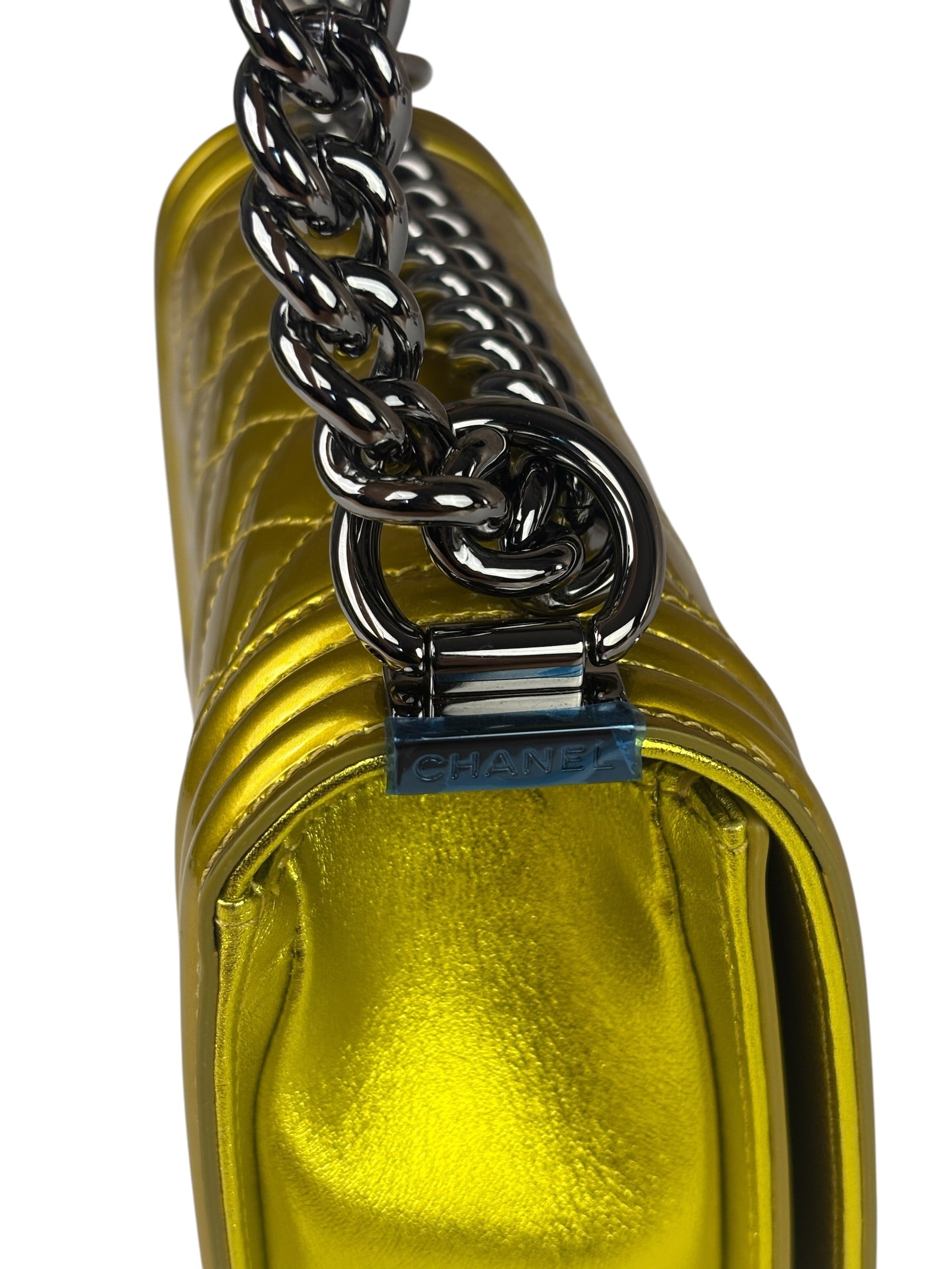 Chanel Metallic Yellow Quilted Patent Leather Mini Boy Flap Bag 2014