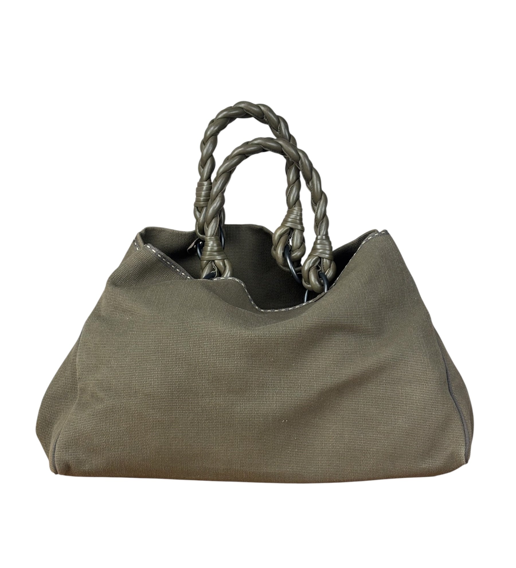 Bottega Venta Vintage Olive/Brown Canvas Large Shopper Shoulder Bag
