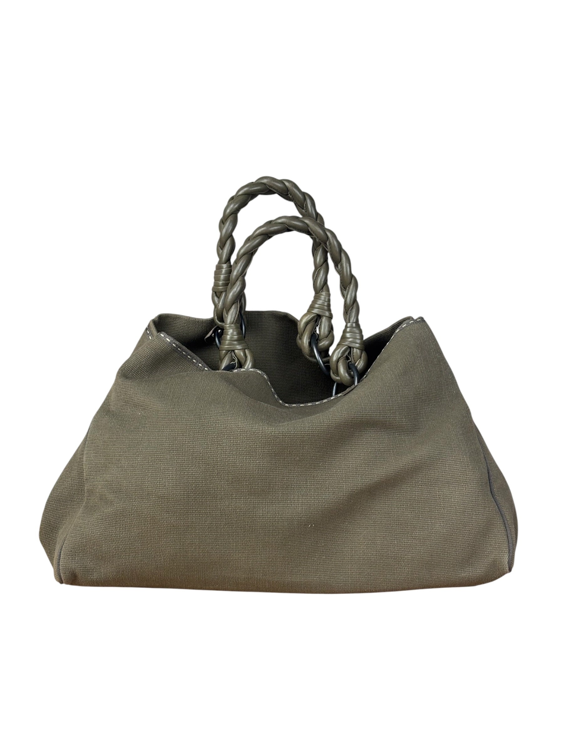 Bottega Venta Vintage Olive/Brown Canvas Large Shopper Shoulder Bag