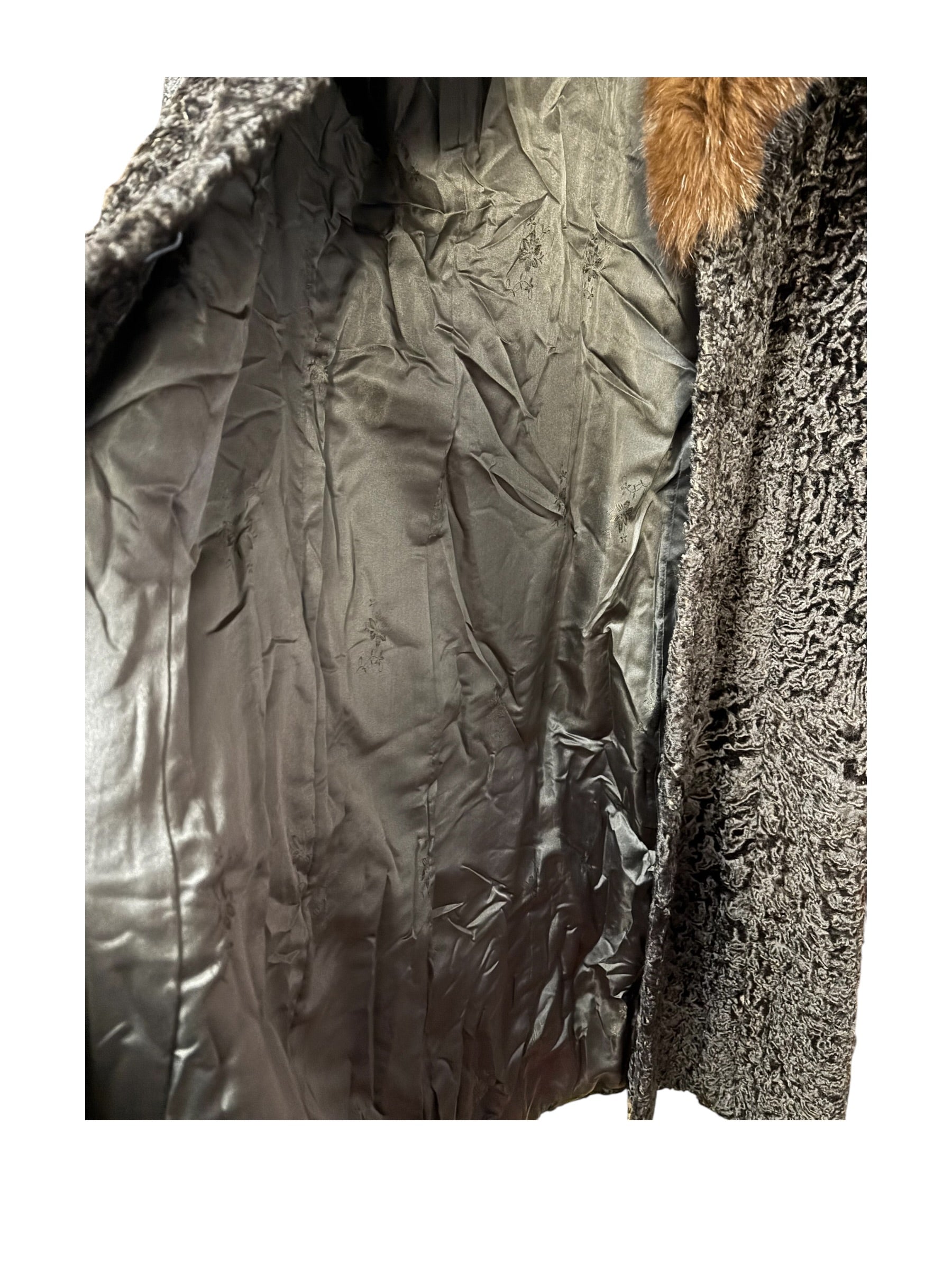 Vintage Brown Fox Fur Collar Persian Lamb Long Coat