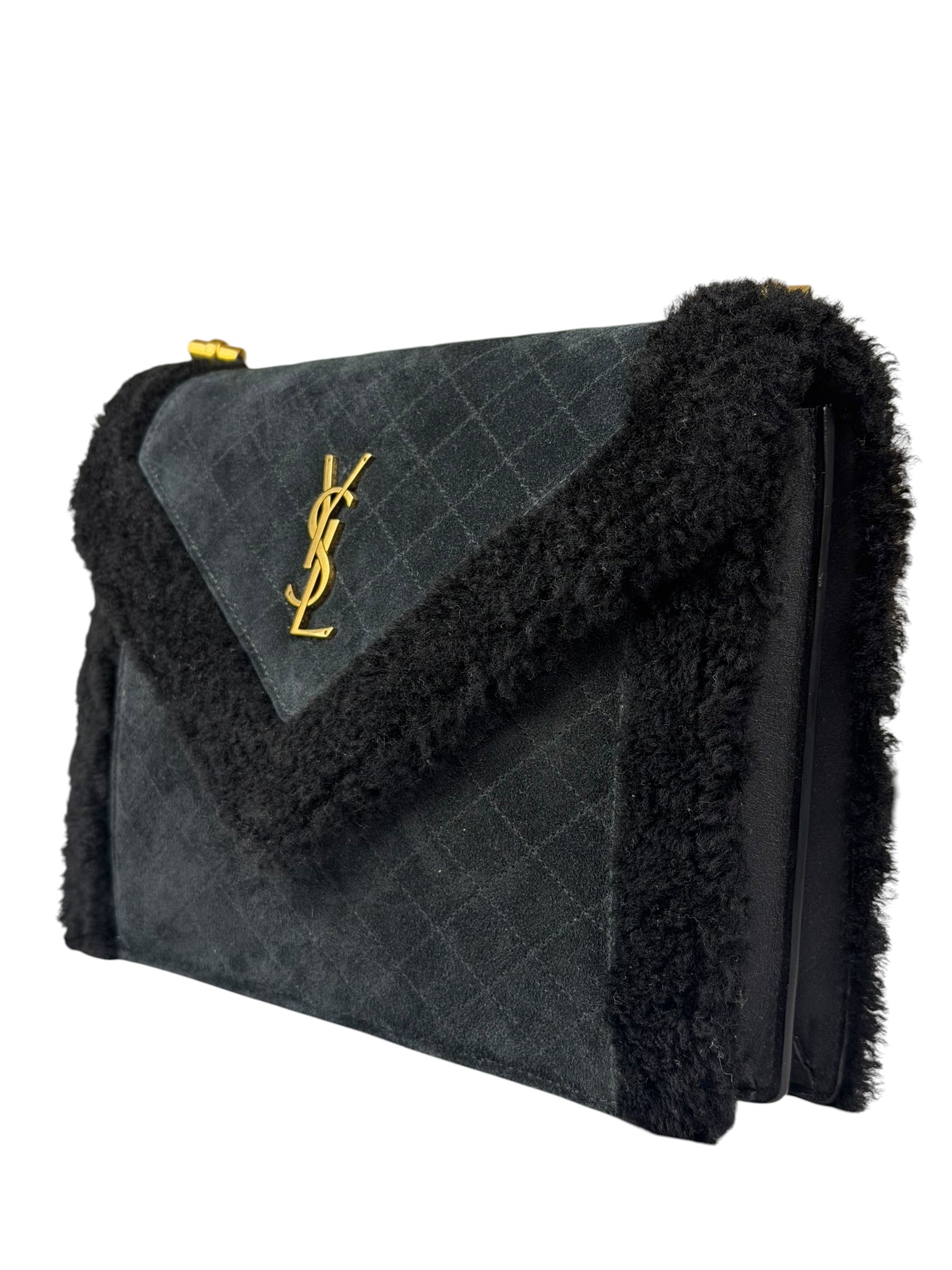 YSL Bicolor Quilted-Suede Shearling Gaby Shoulder Bag