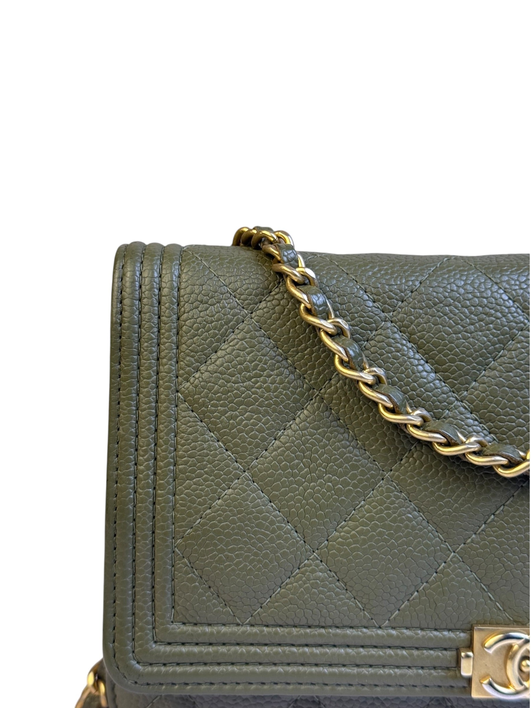 Chanel Olive Green Quilted Caviar Boy Flap Wallet On Chain 2017
