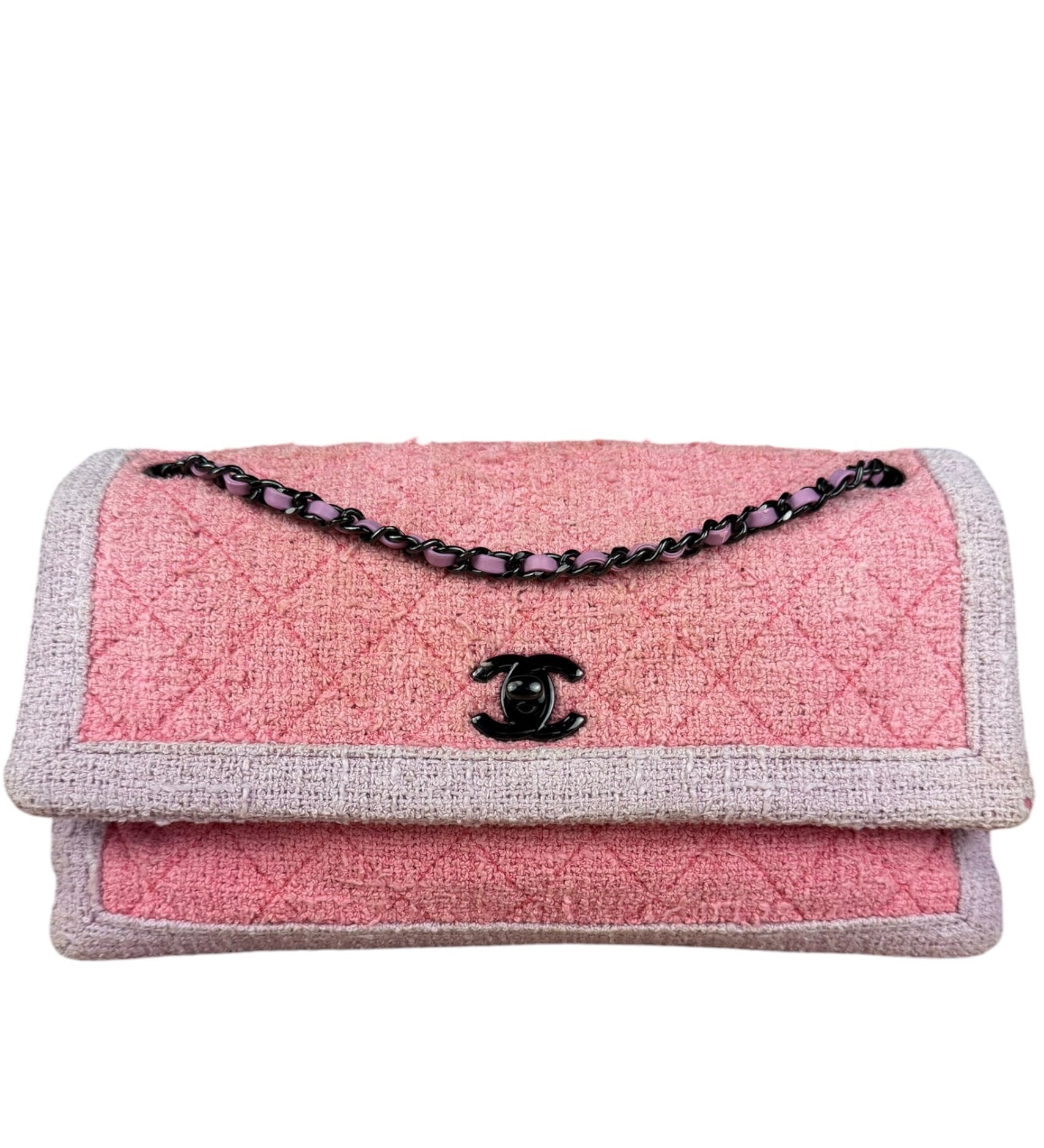 Chanel Pink Tweed Quilted Timeless Flap Chain Shoulder Bag 2015