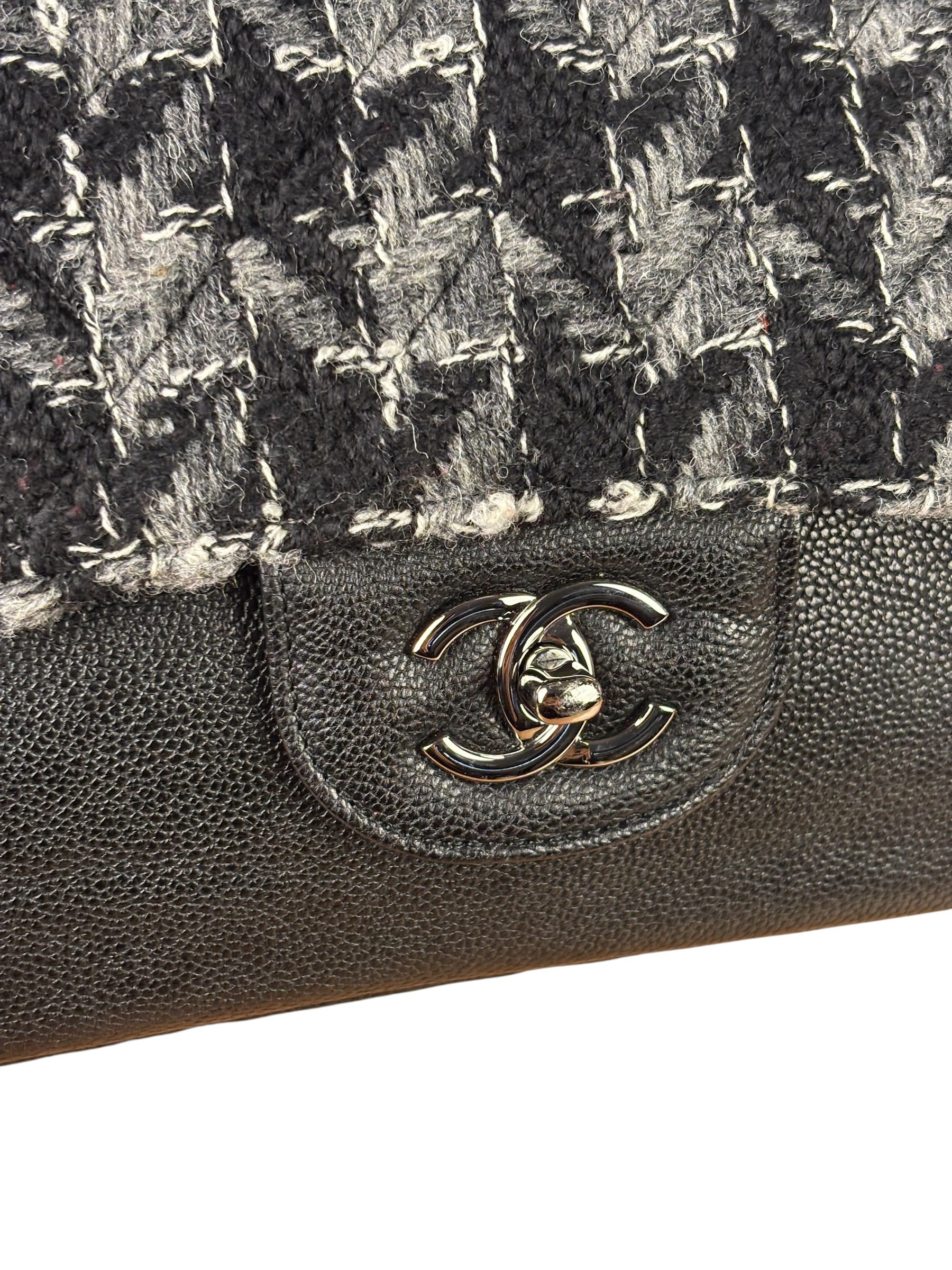Chanel Black Tweed/Caviar Leather Houndstooth Double Flap Bag 2017