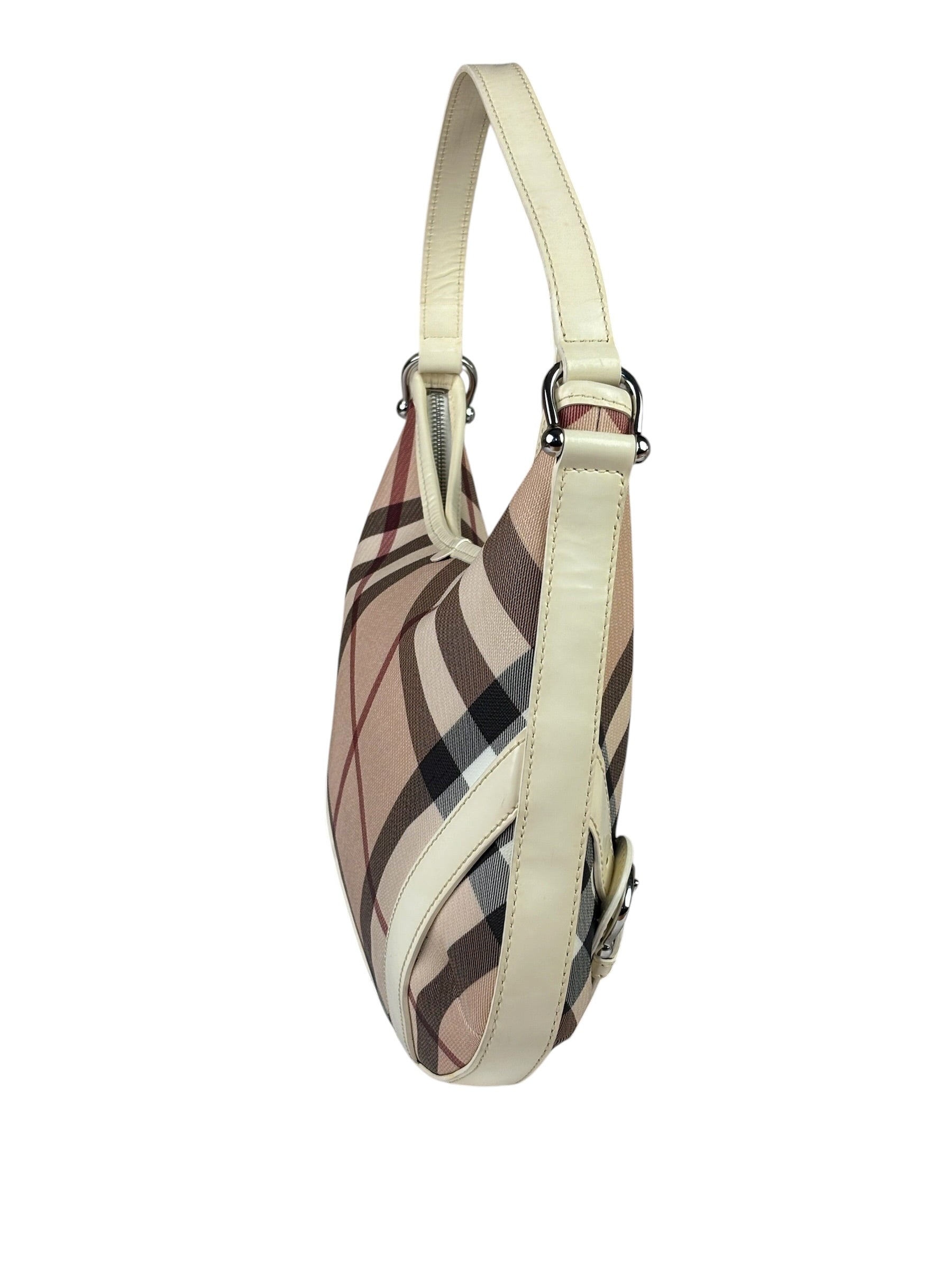 Burberry Beige Leather Trim Nova Check Hobo Bag