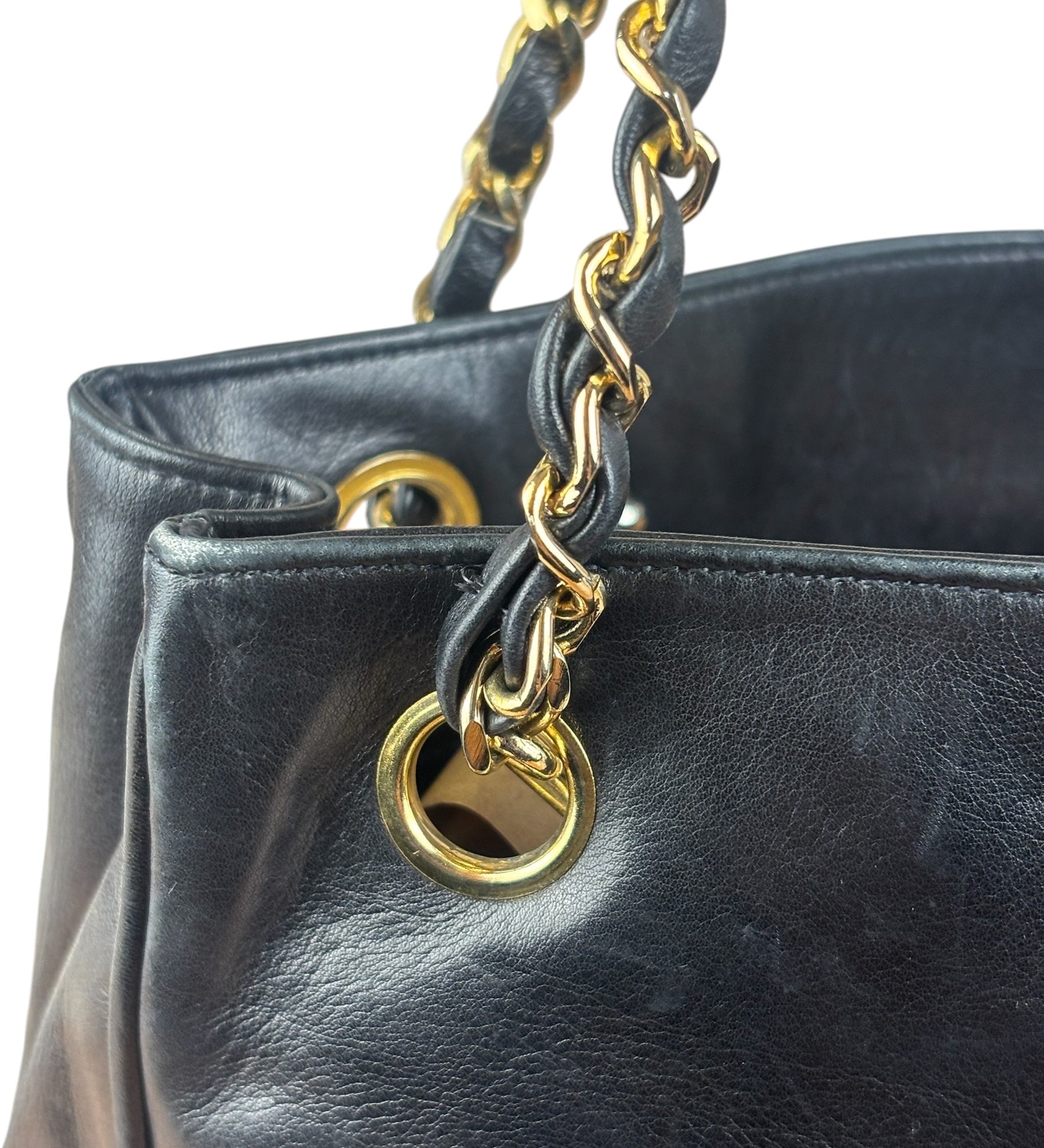Chanel Vintage Black Leather Quilted Bottom Chain Tote Bag 1987