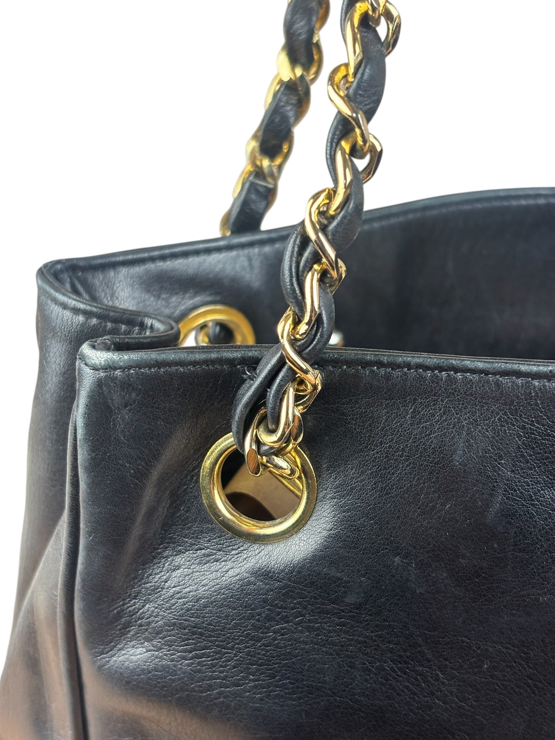 Chanel Vintage Black Leather Quilted Bottom Chain Tote Bag 1987