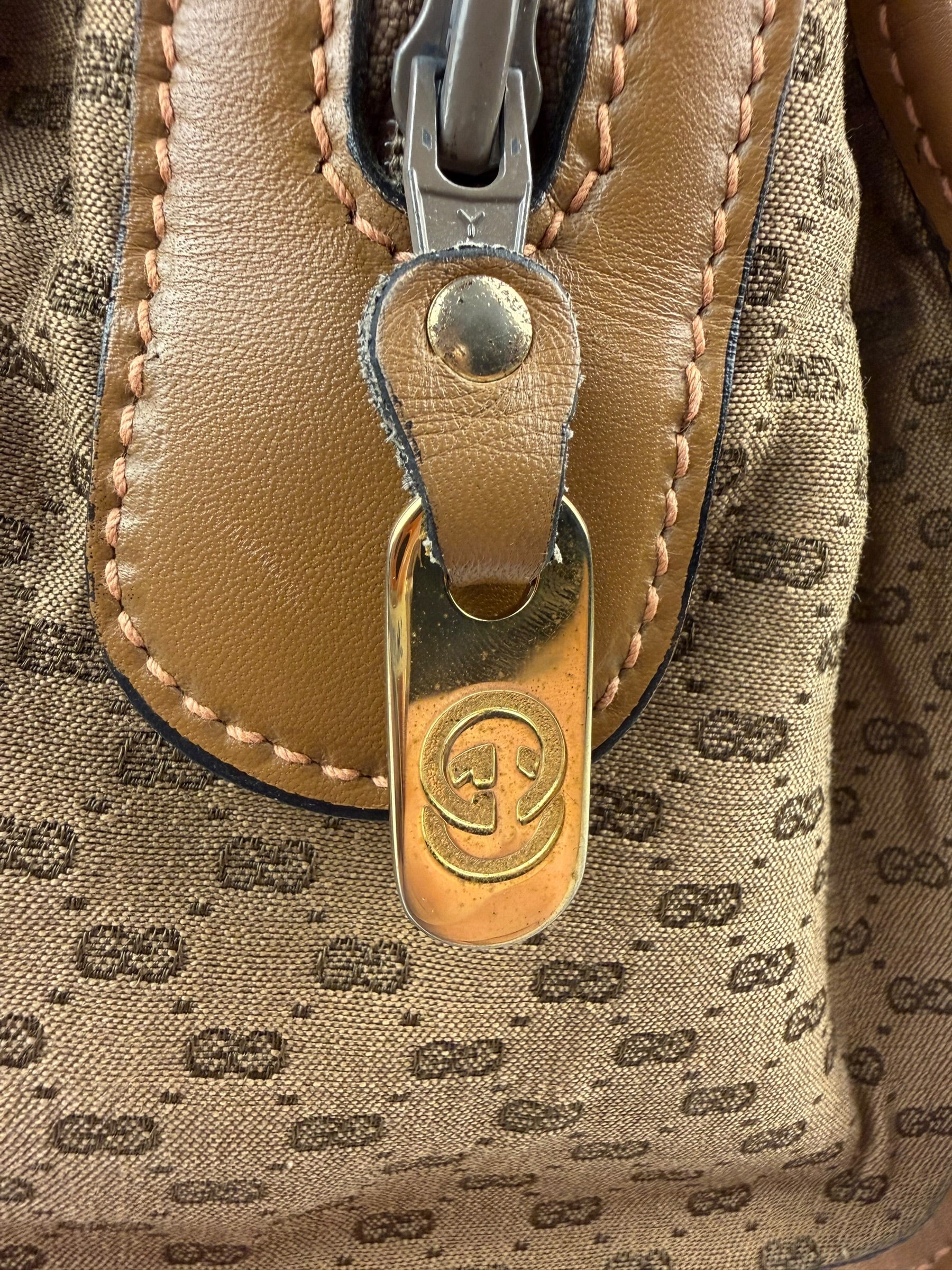 Gucci Brown Leather Trim Micro GG Sherry Line Boston Handbag
