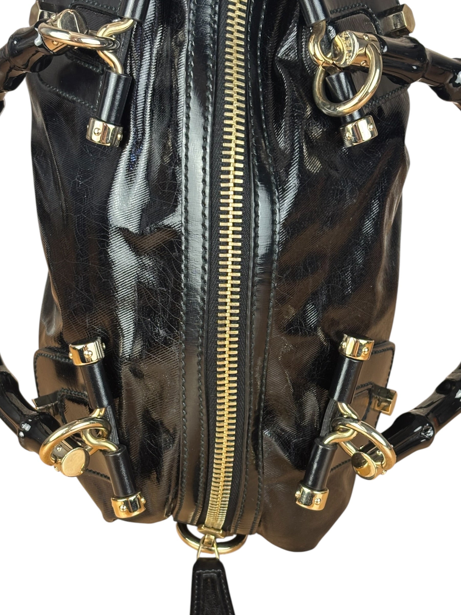 Gucci Black Patent Vintage Dialux Pop Bamboo 2Way Handbag