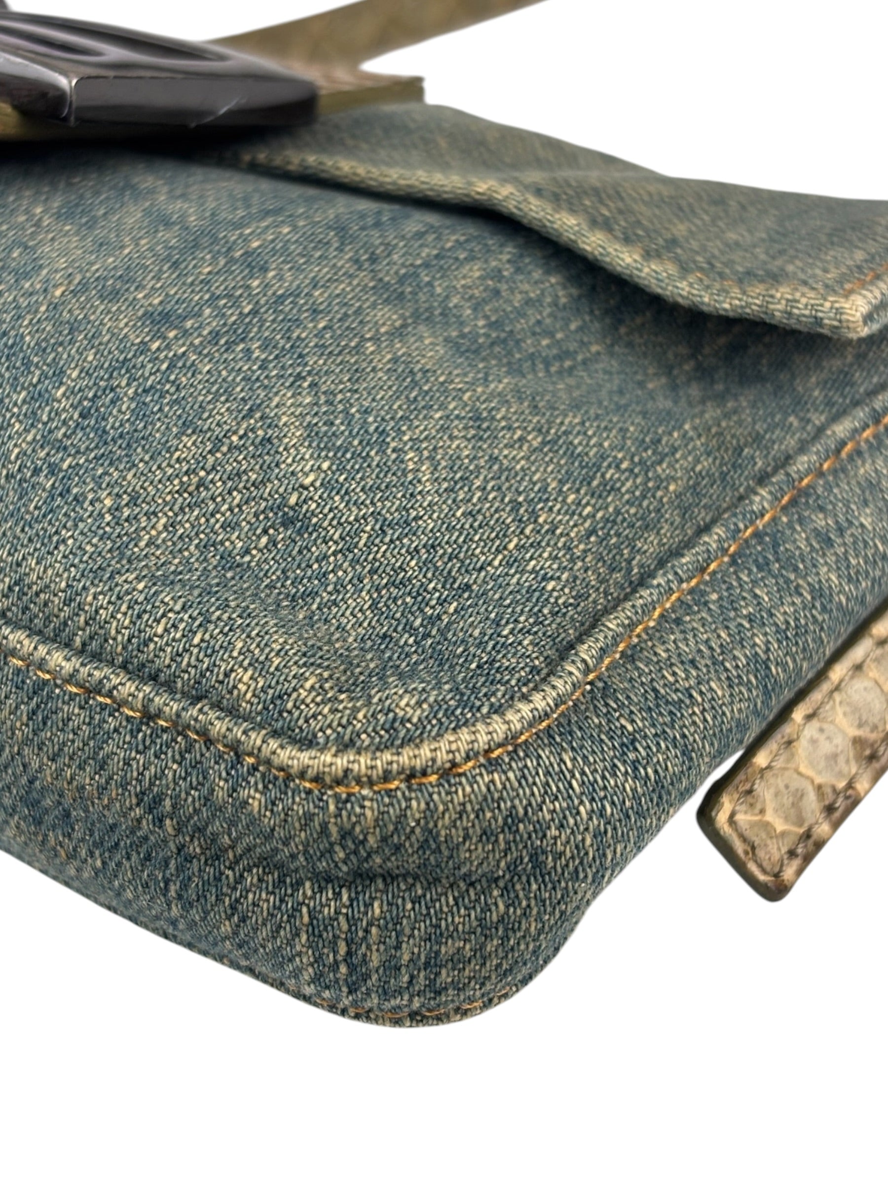 Fendi Denim/Snakeskin Trim Mini Baguette