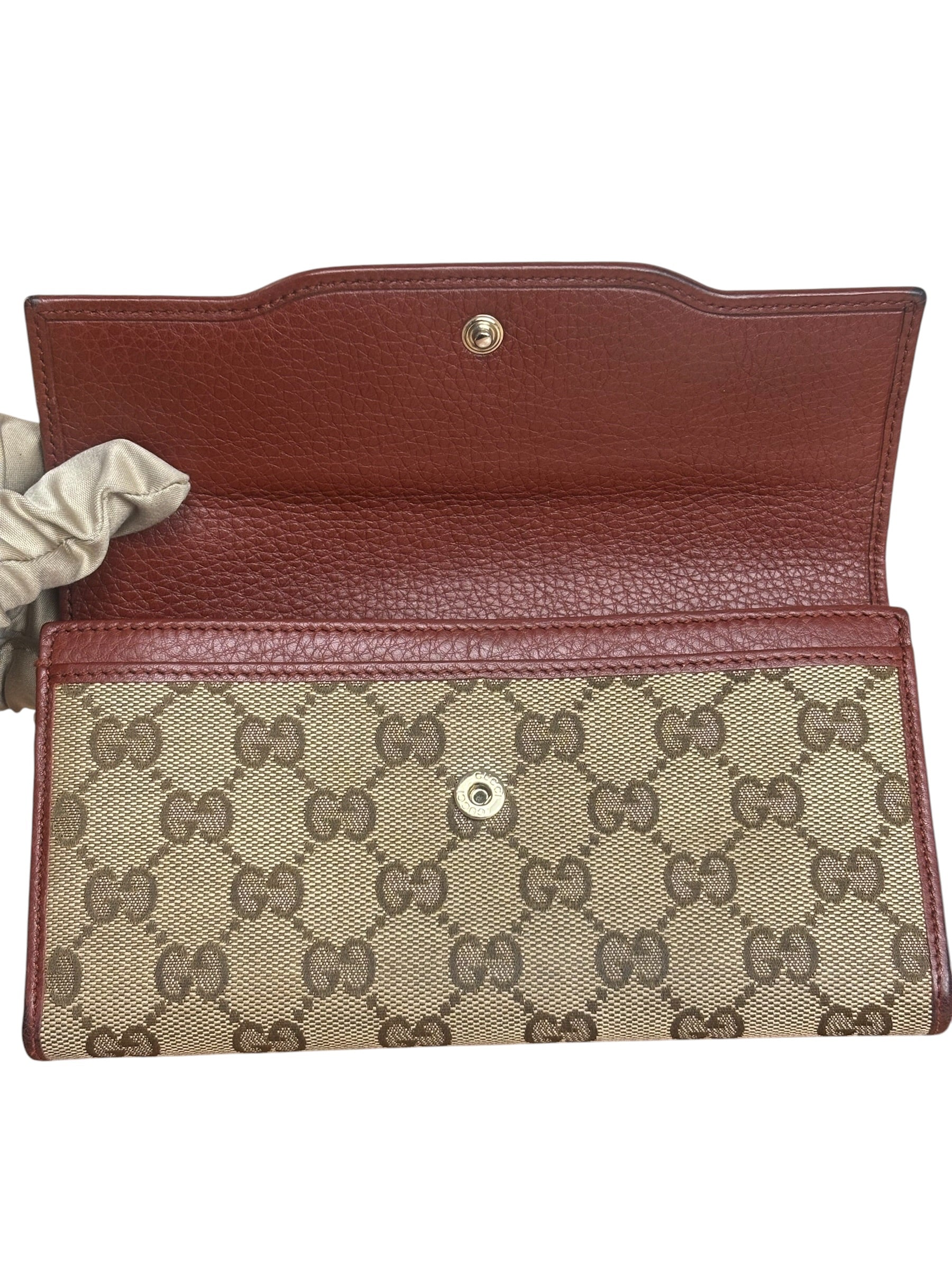 Gucci Vintage Burgundy Leather Trim GG Canvas Continental Wallet