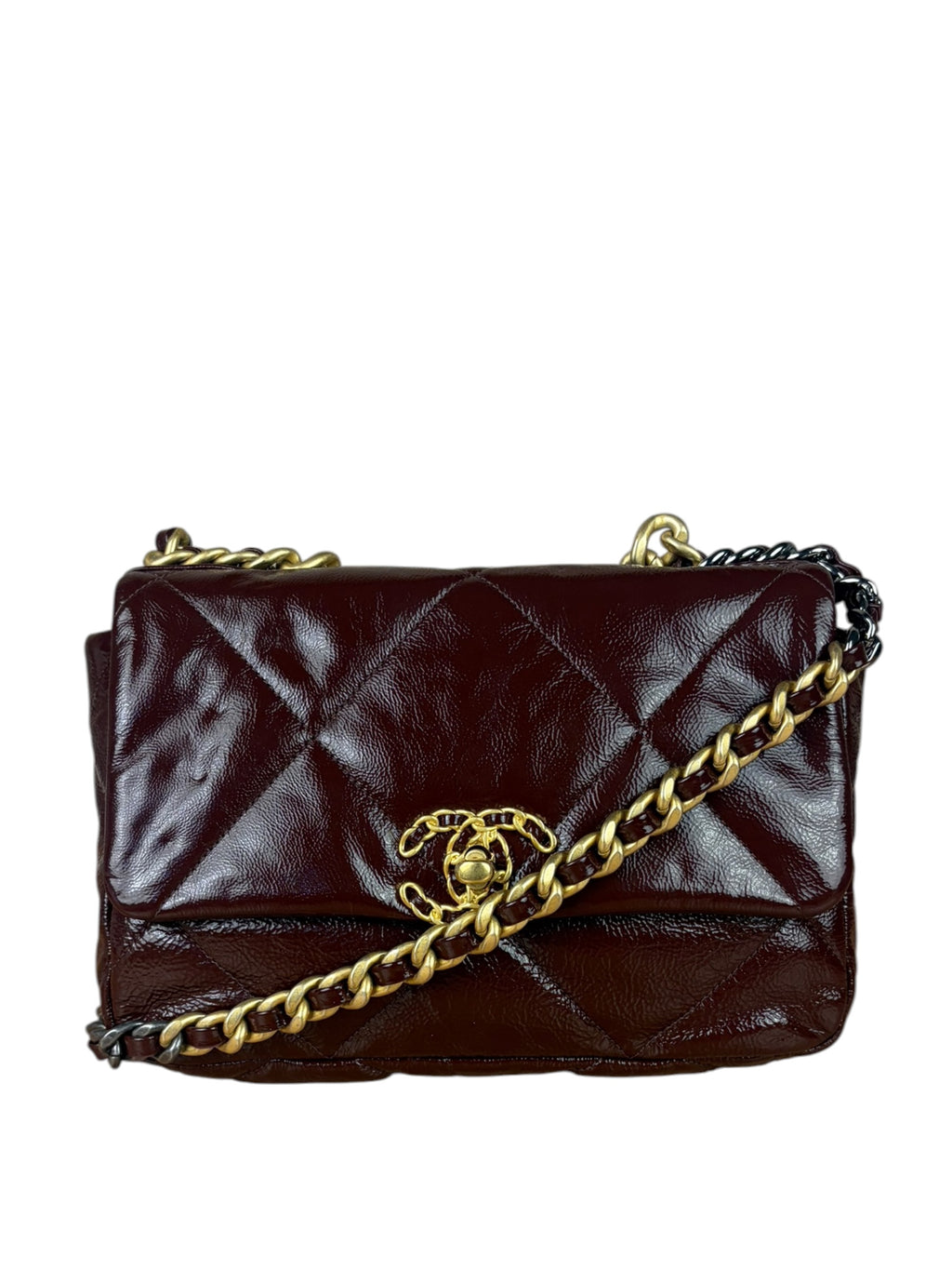 Chanel 19 Burgundy Quilted Patent Leather Two-Way Flap Bag 2020