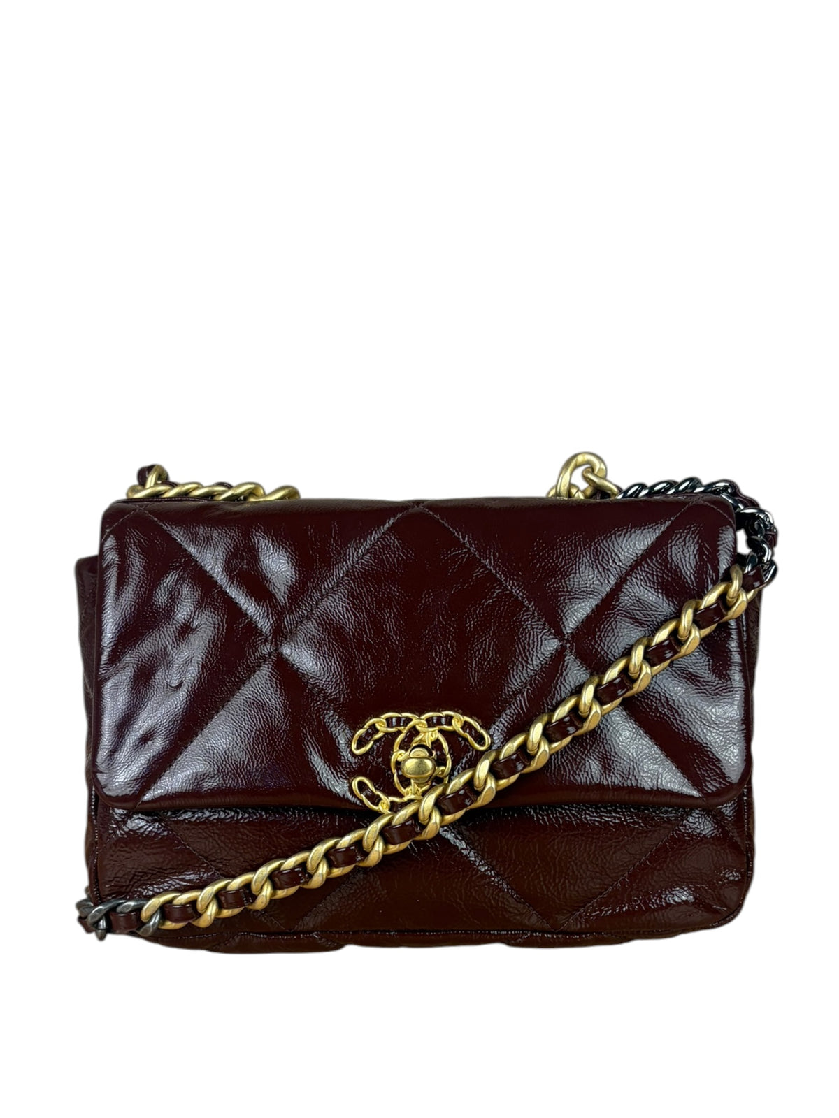 Chanel 19 Burgundy Quilted Patent Leather Two-Way Flap Bag 2020