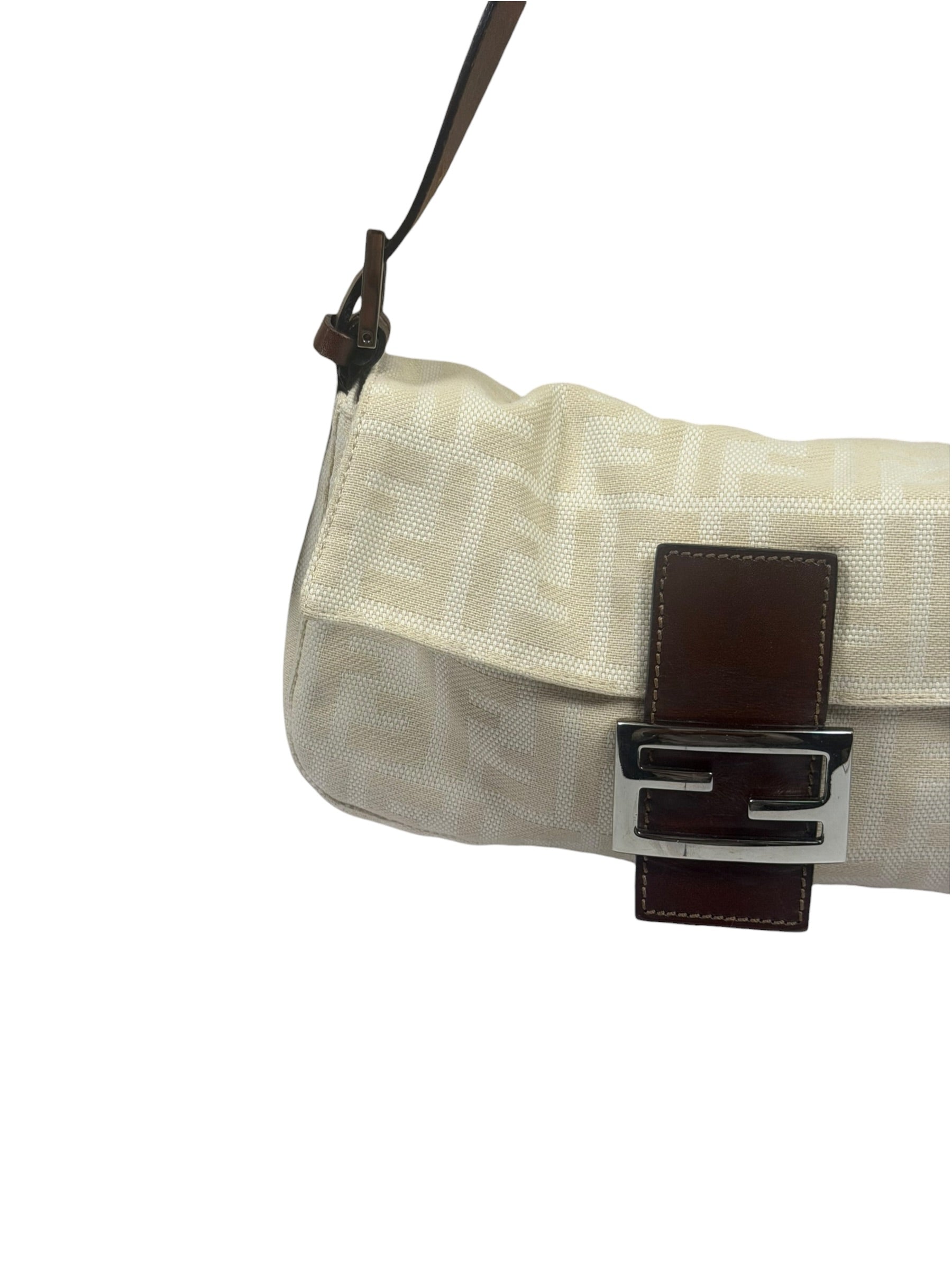 Fendi Cream/Brown Leather Trim Zucca Baguette