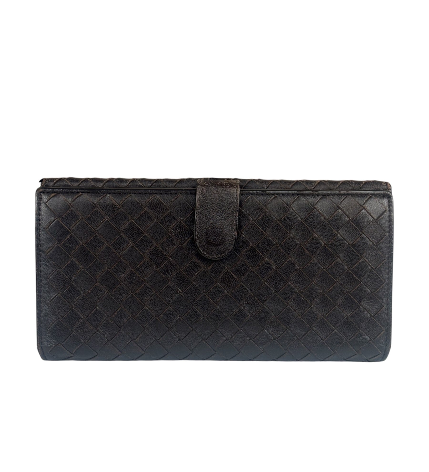 Bottega Veneta Brown Leather Woven Intrecciato Bi-Fold Continental Wallet