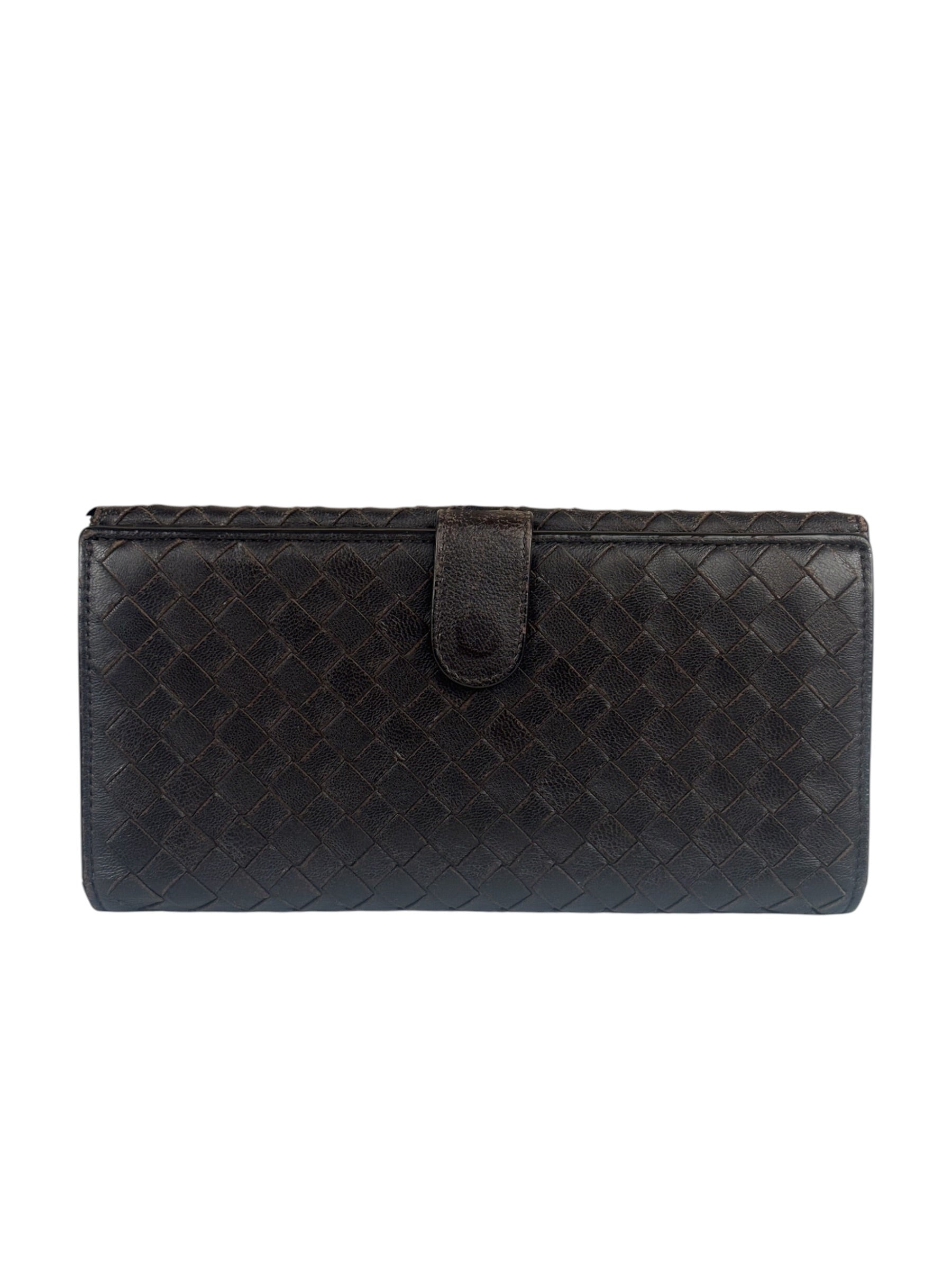 Bottega Veneta Brown Leather Woven Intrecciato Bi-Fold Continental Wallet
