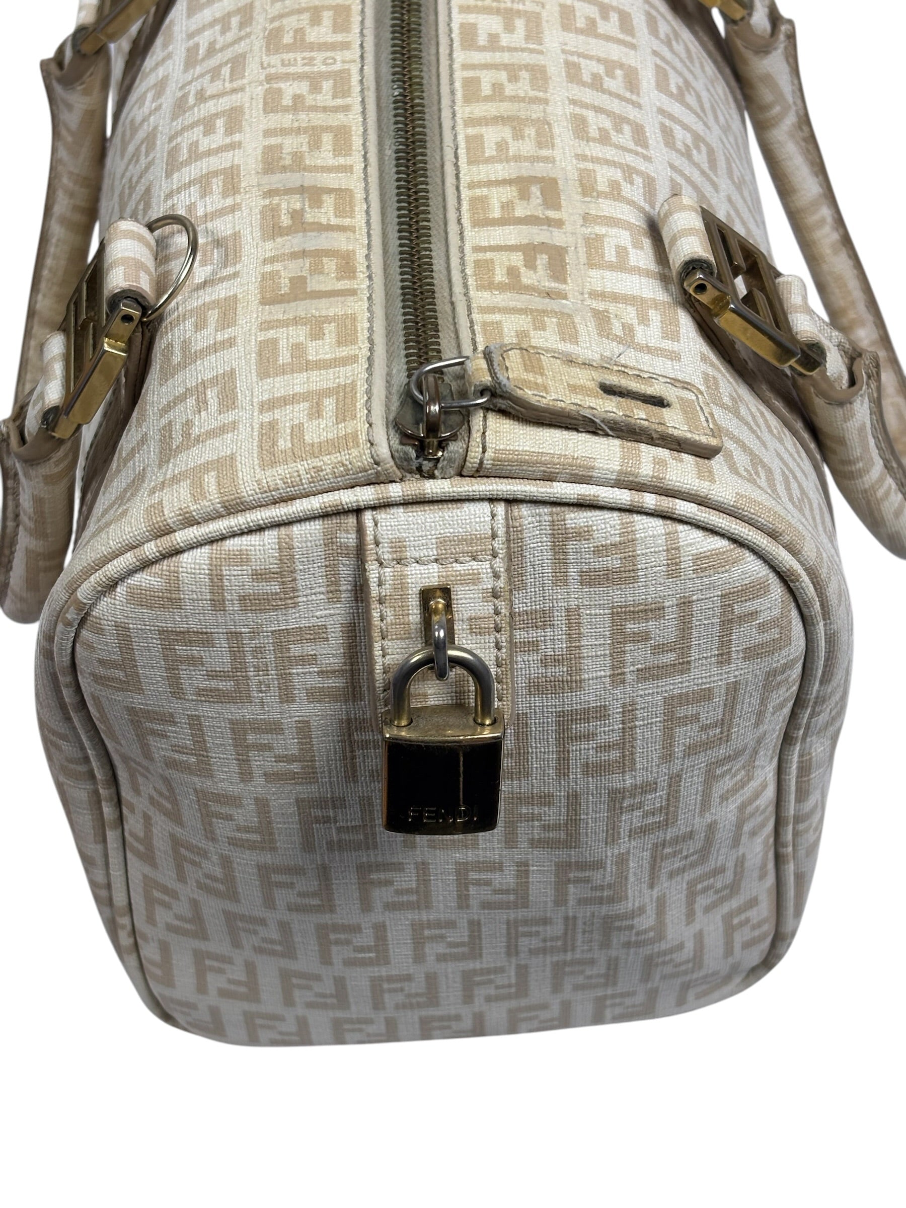 Fendi Beige Leather Trim Zucca Boston Bag