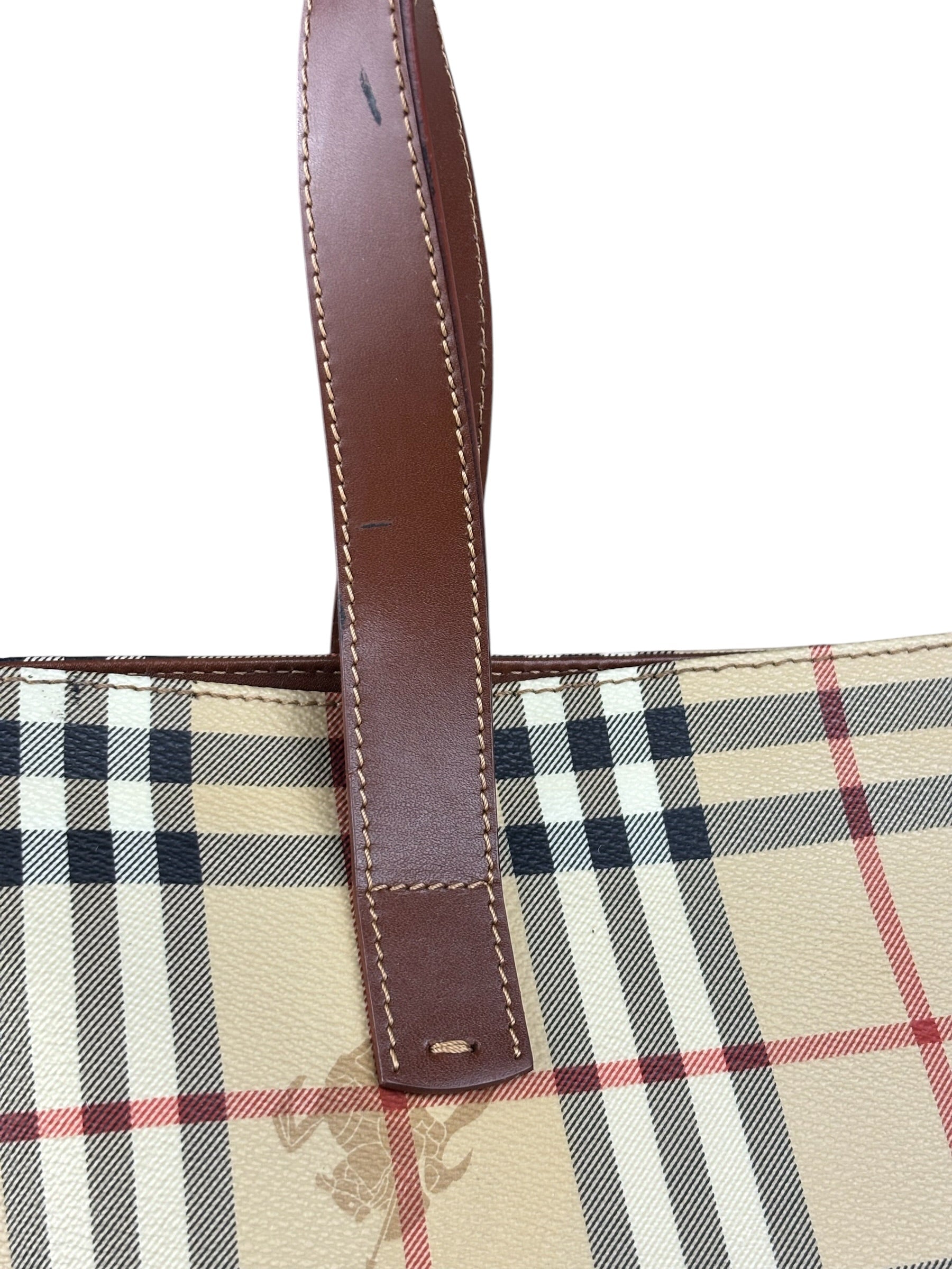 Burberry Vintage Brown Leather  Haymarket Canvas House Check Tote Bag