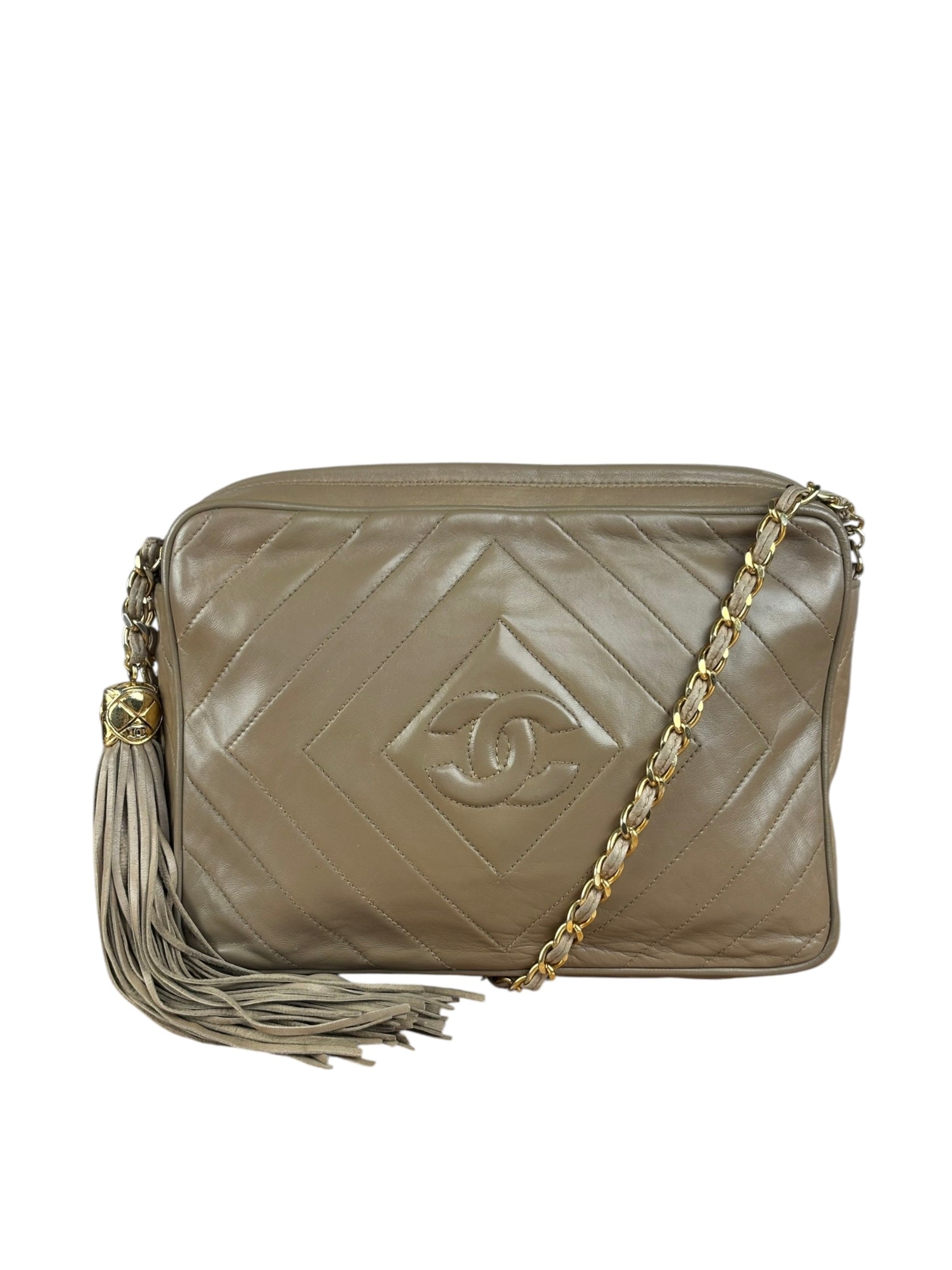 Chanel Tan Beige Chevron Leather Camera Case
