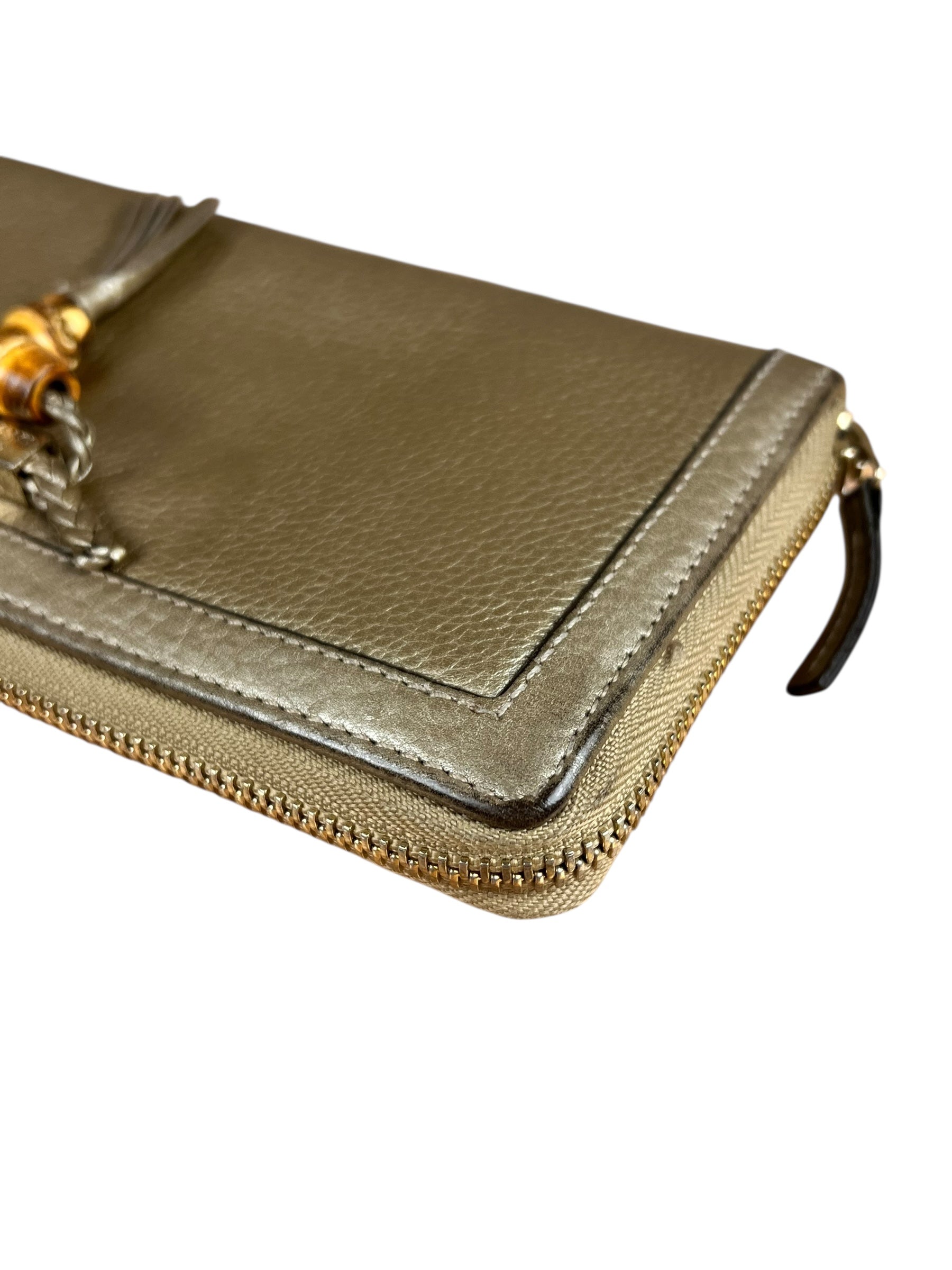 Gucci Bronze Metallic Leather Bamboo Long Zippy Wallet