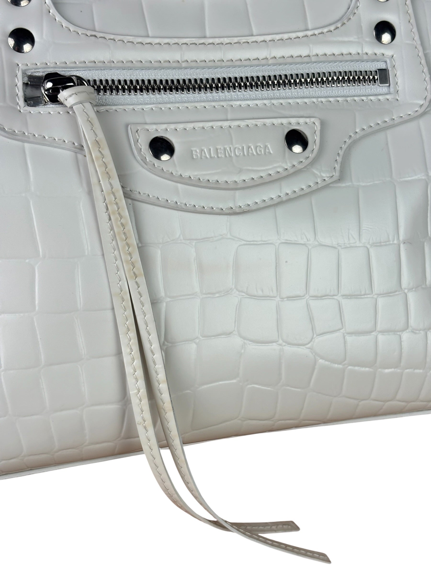 Balenciaga White Crocodile-Embossed Leather Two-Way Bag