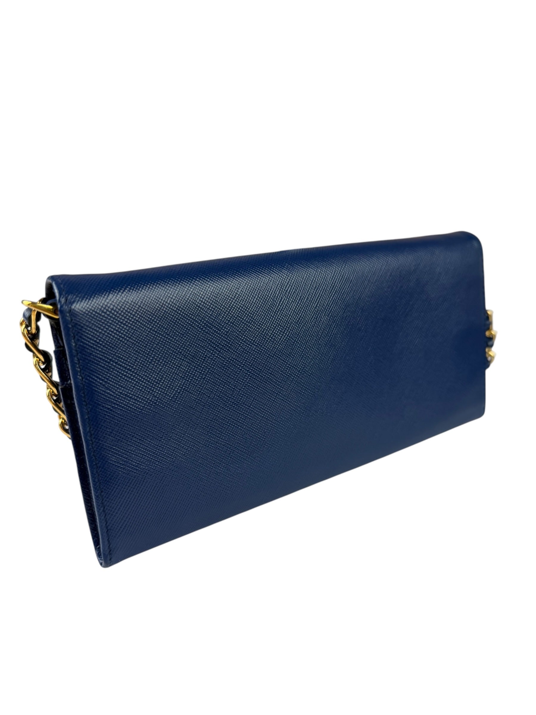 Prada Blue Saffiano Leather Fire Flap Wallet On Chain