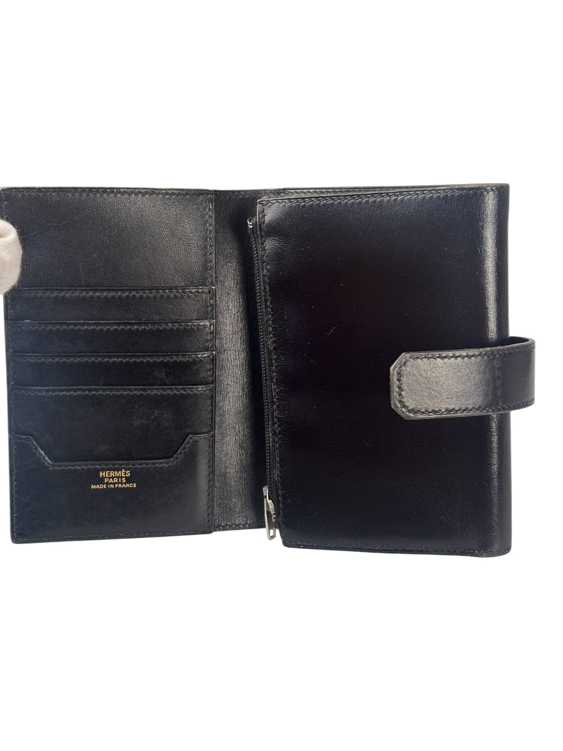 Hermes Vintage Black Box Leather Julia Compact Wallet 1995