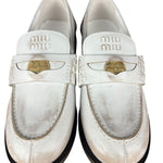 Miu Miu White Distressed Leather Penny Loafers