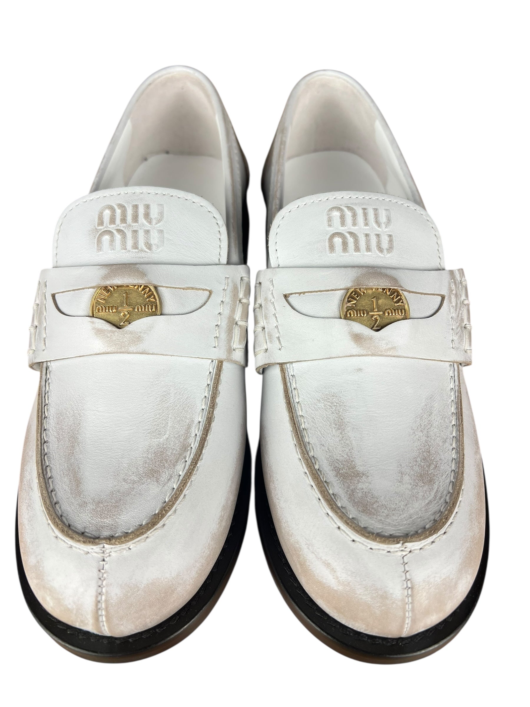 Miu Miu White Distressed Leather Penny Loafers