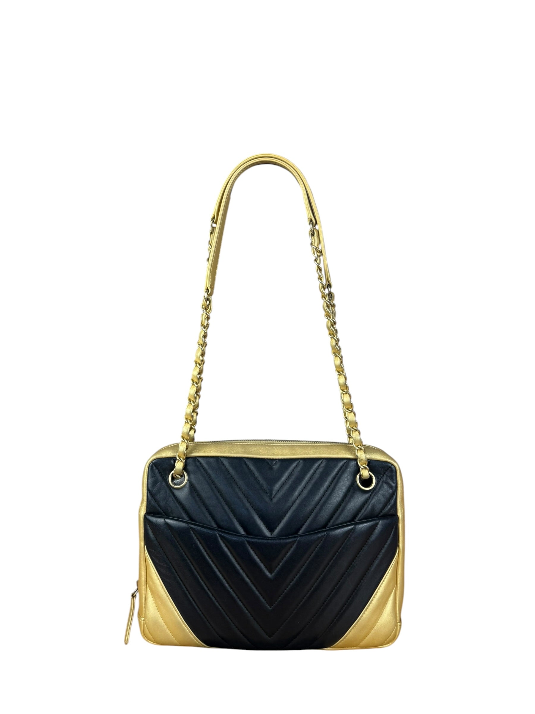 Chanel V Stitch Chevron Leather Black/Gold Chain Shoulder Bag 2014