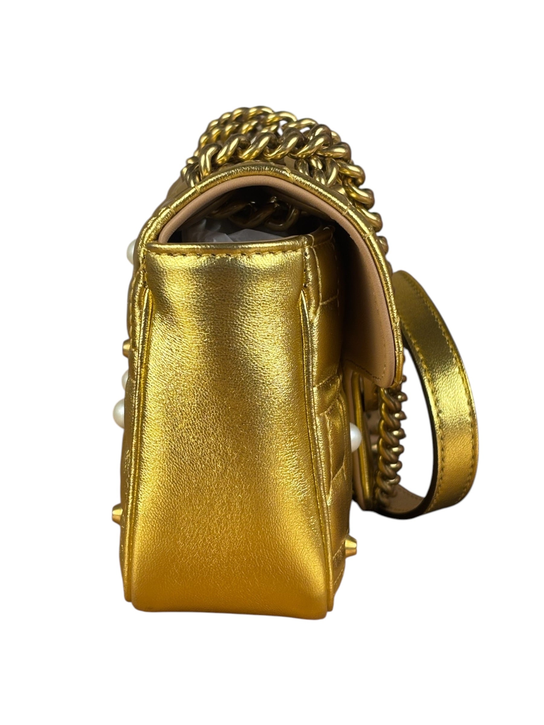 Gucci Gold GG Marmont Pearl Studded Mini Flap Bag