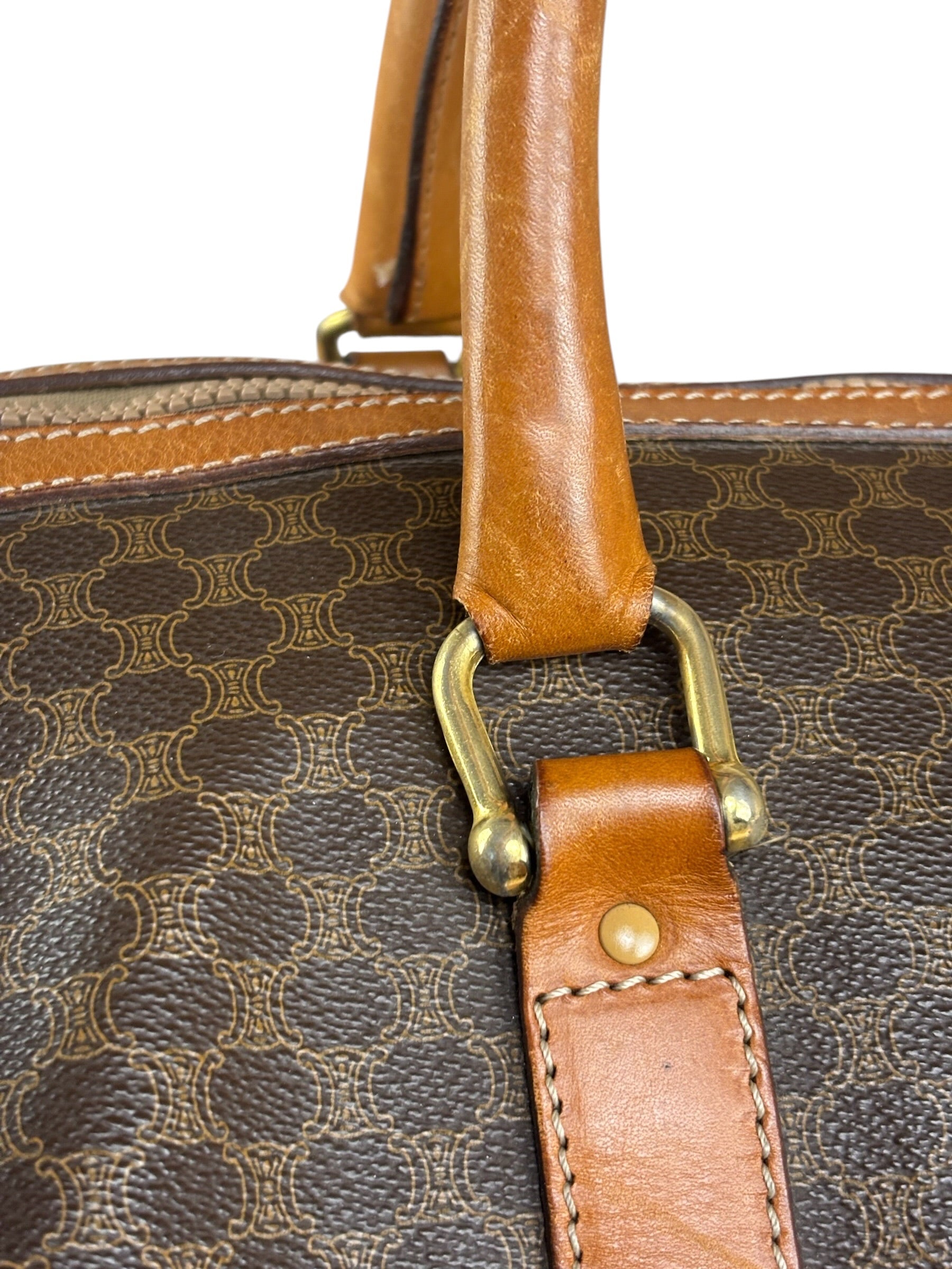 Celine Brown Leather Canvas Macadam Travel Handbag