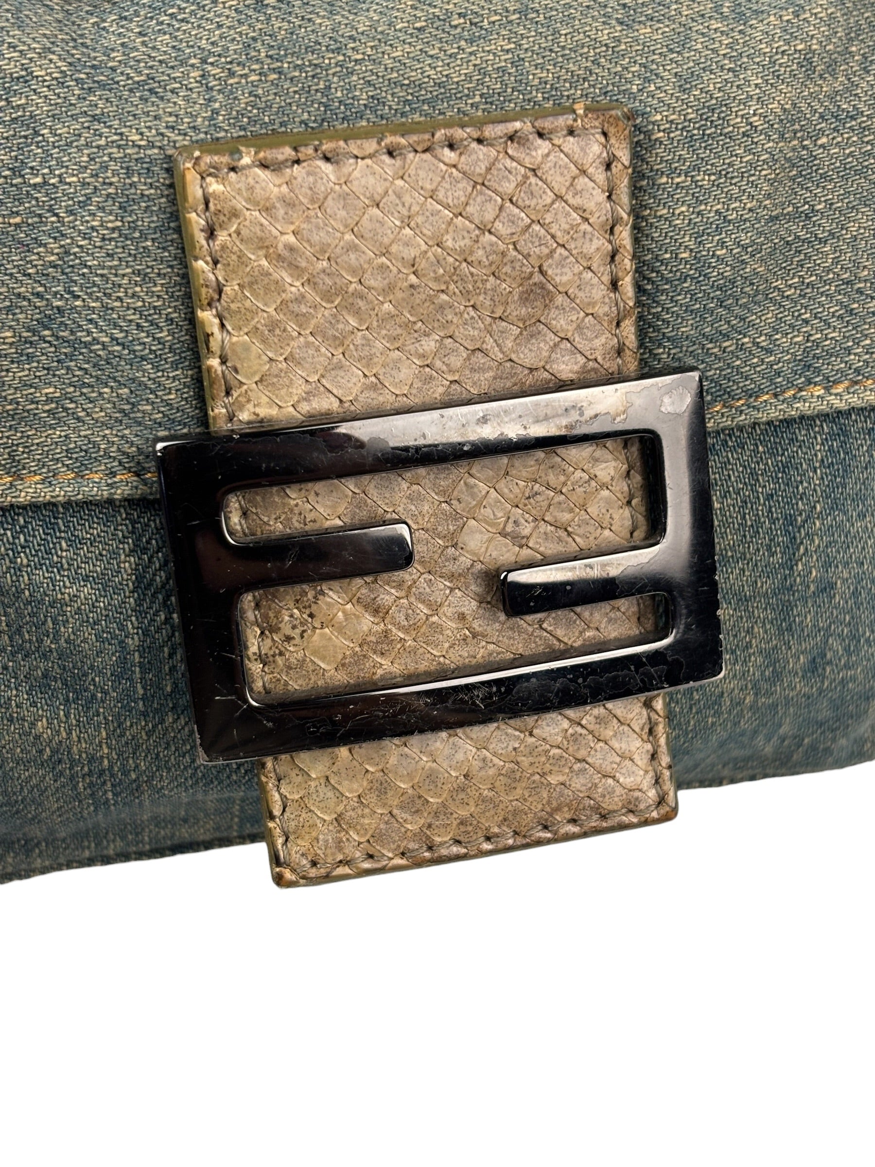 Fendi Denim/Snakeskin Trim Mini Baguette