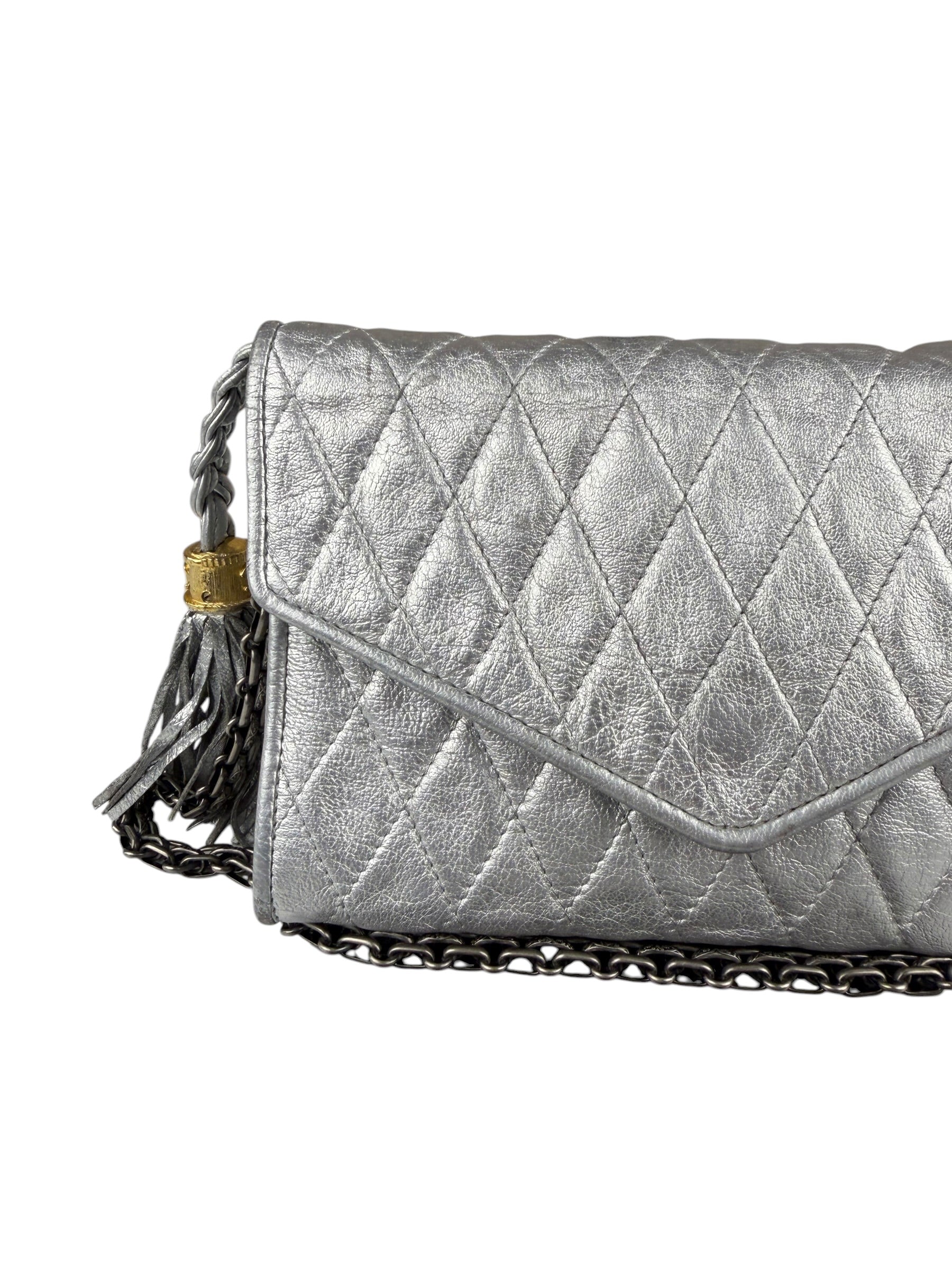 Chanel Vintage Metallic Silver Quilted Tassel Flap Bag 1997