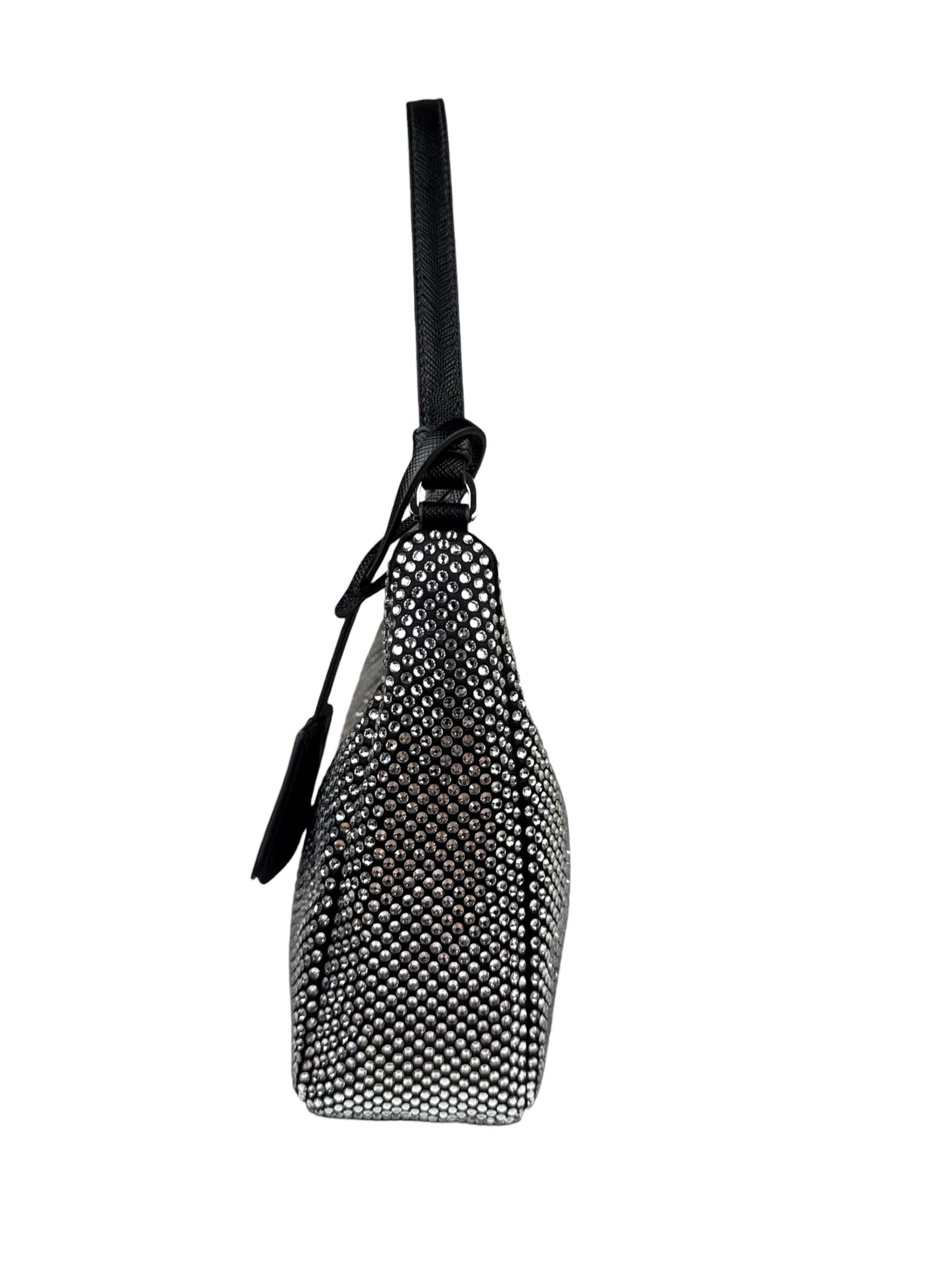 Prada Black Satin/Saffiano Leather Trim  Re-Edition Crystal-Studded Mini Pochette 2005