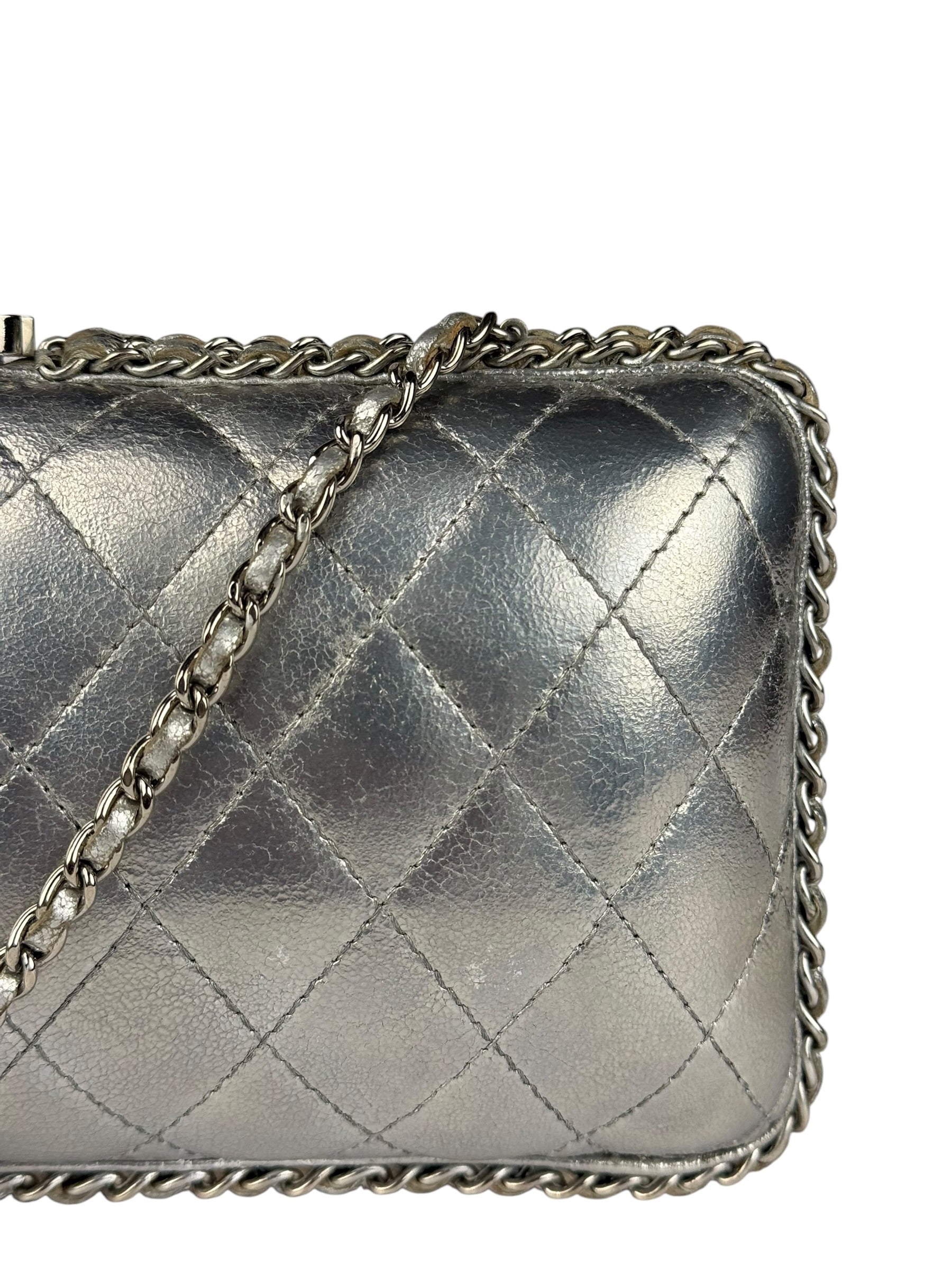 Chanel Metallic Silver Quilted Chain Around Clutch Shoulder Bag 2011