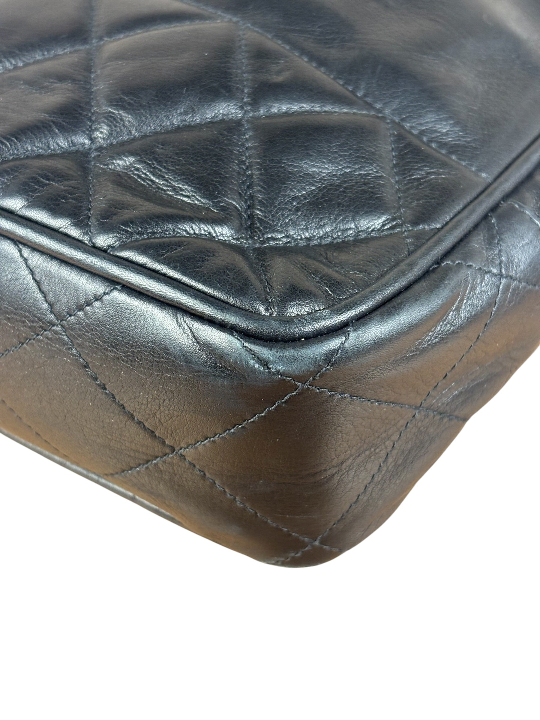 Chanel Vintage Black Leather Quilted Bottom Chain Tote Bag 1987