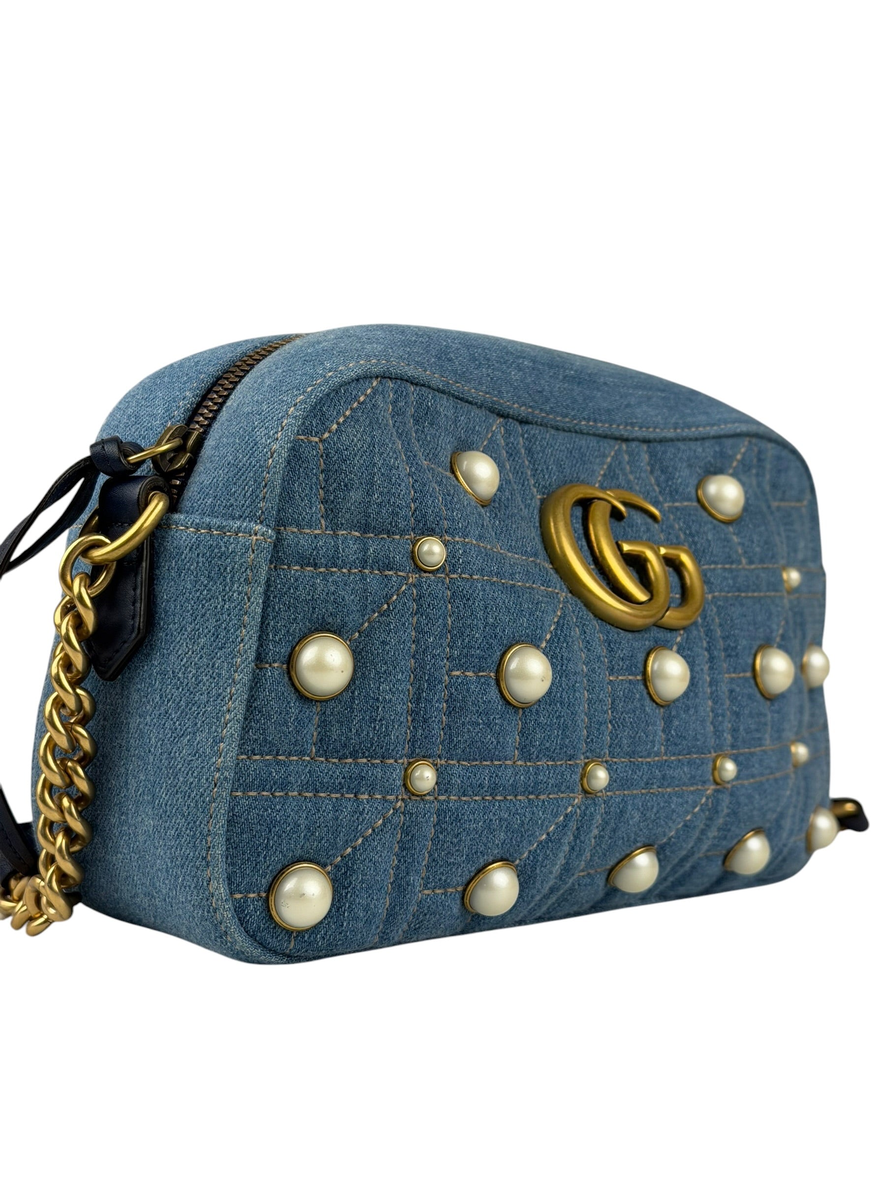 Gucci Blue Denim GG Marmont Pearl Camera Bag