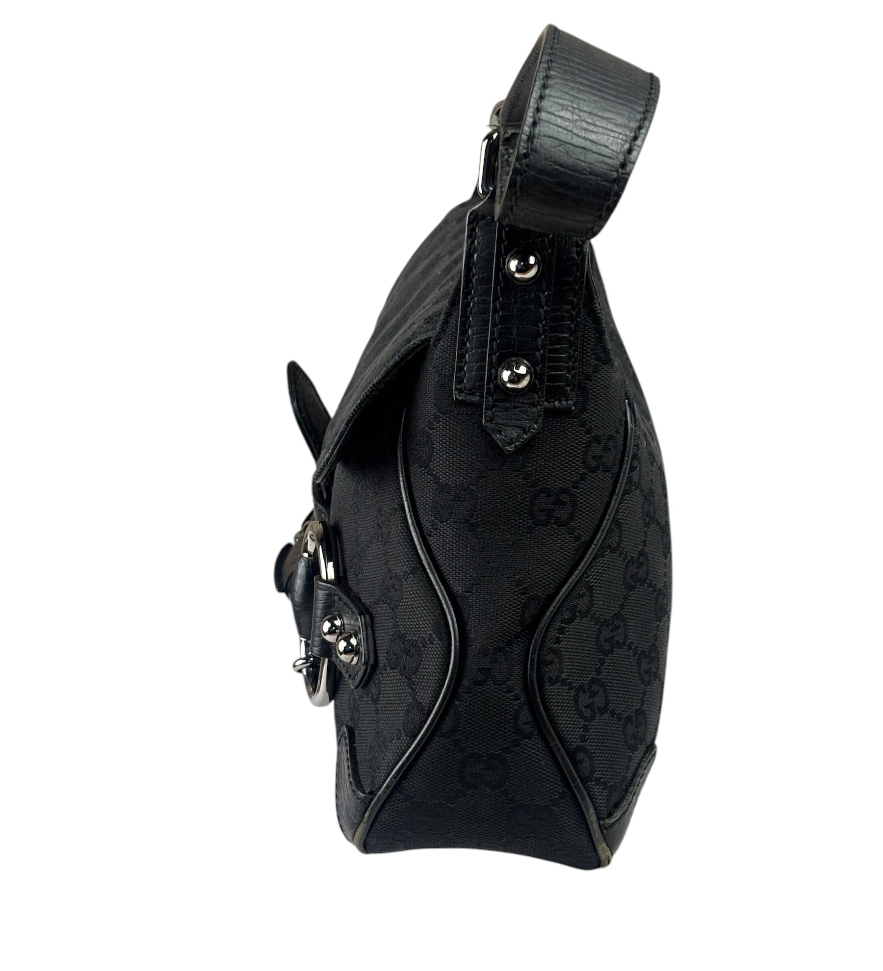 Gucci Black Leather Trim Horsebit GG Chain Shoulder Bag