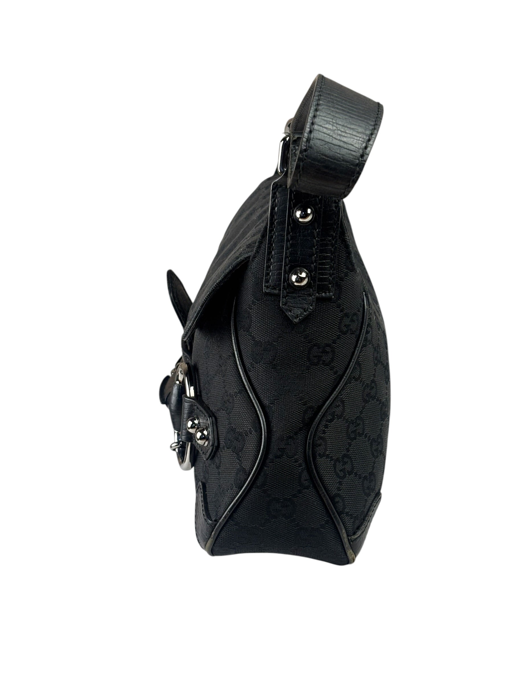 Gucci Black Leather Trim Horsebit GG Chain Shoulder Bag