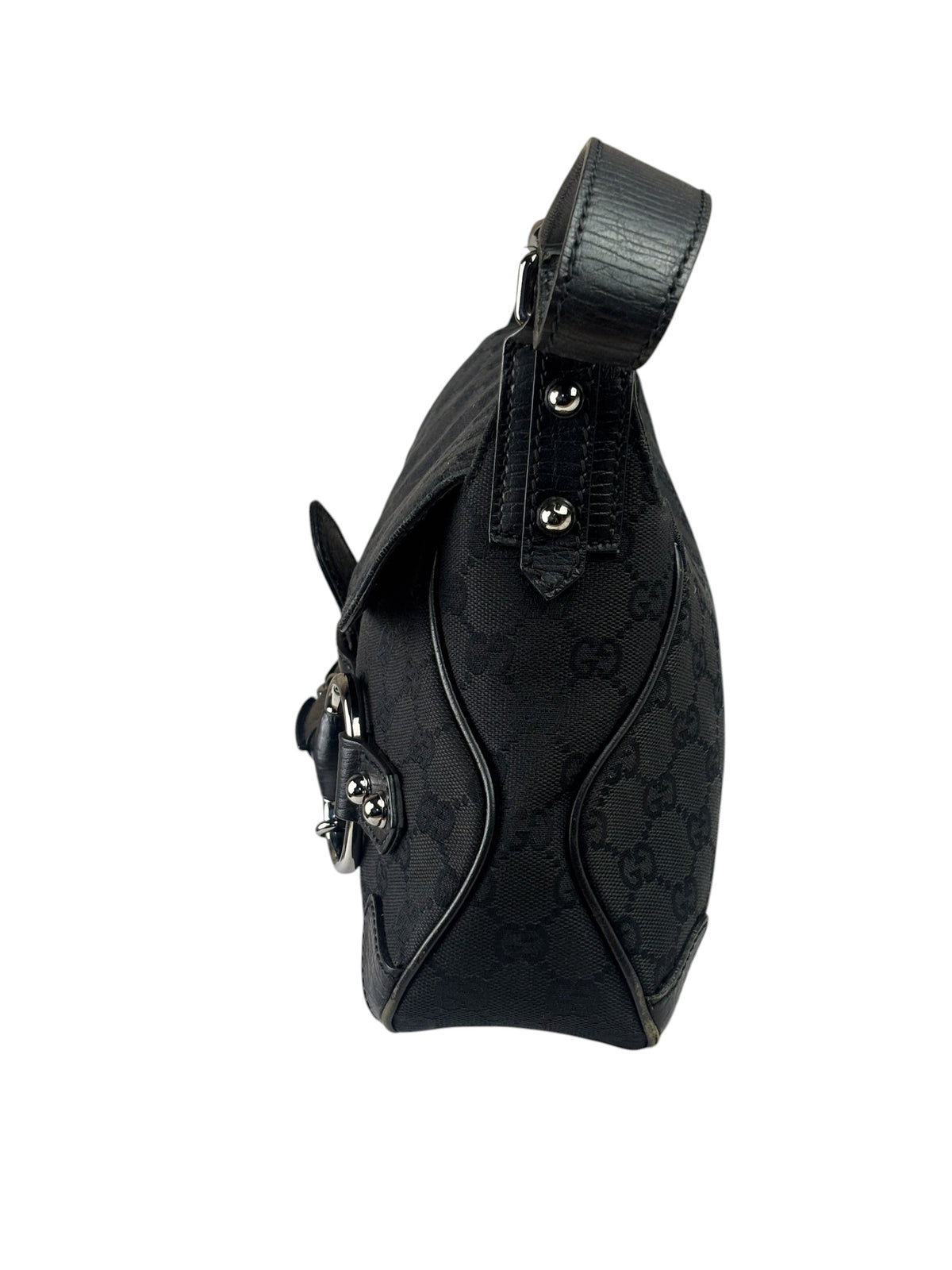 Gucci Black Leather Trim Horsebit GG Chain Shoulder Bag