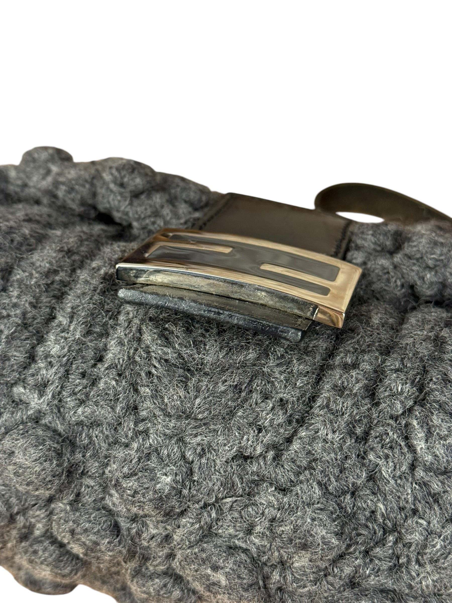 Fendi Grey Wool Crochet FF Baguette Shoulder Bag