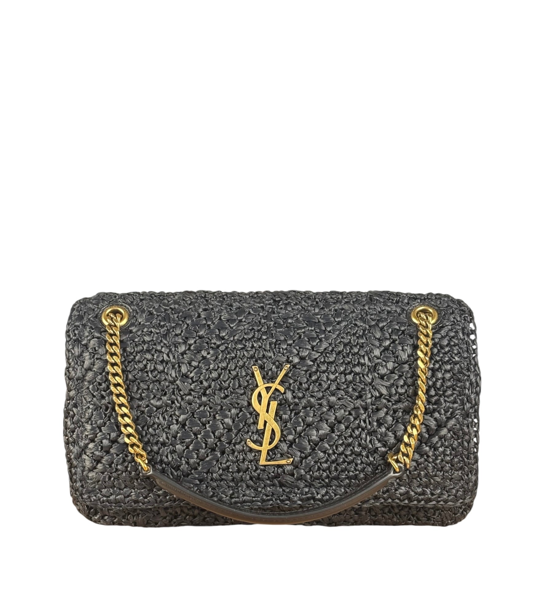 YSL Black Raffia Leather Trim Jamie Chain Shoulder Bag