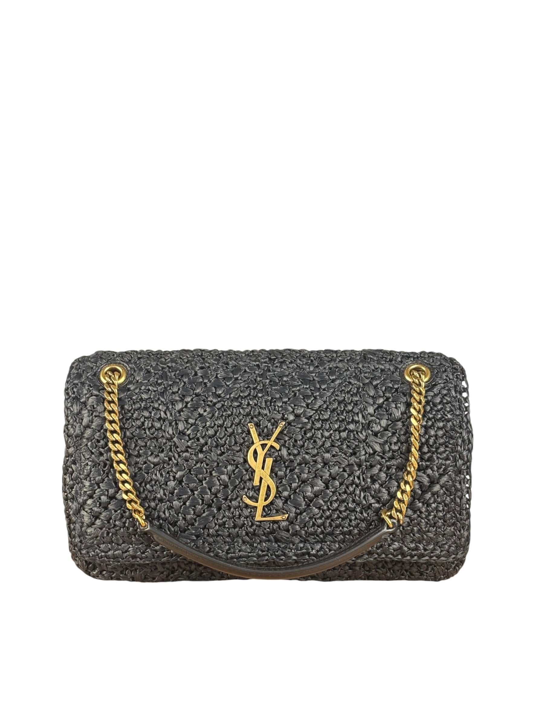 YSL Black Raffia Leather Trim Jamie Chain Shoulder Bag